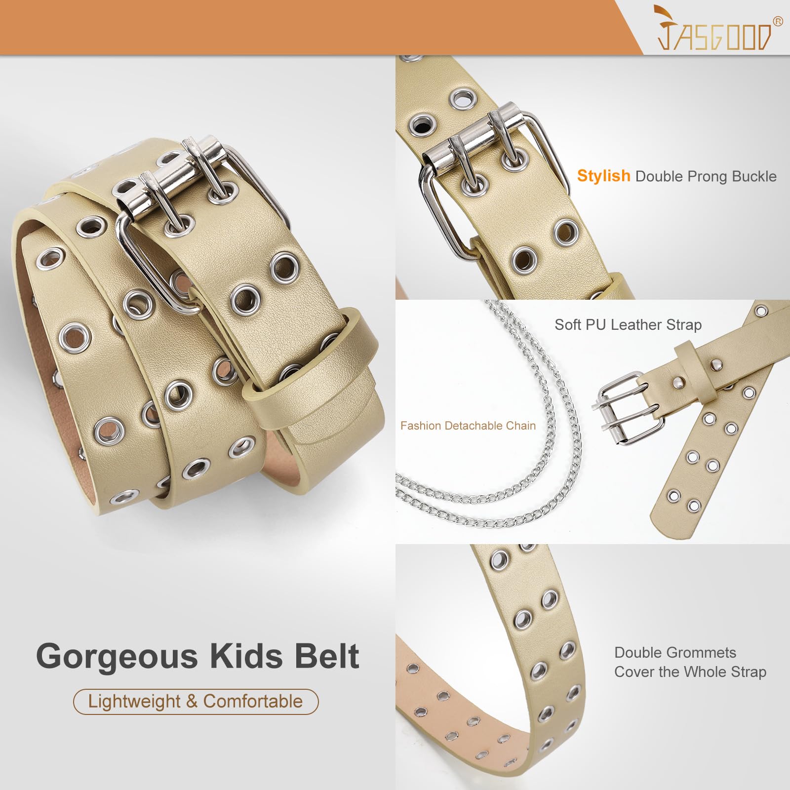 JASGOOD Kids Double Grommet Belt for Girls and Boys, PU Leather Kids Double Studded Holes Belt for Jeans Pants - JASGOOD OFFICIAL