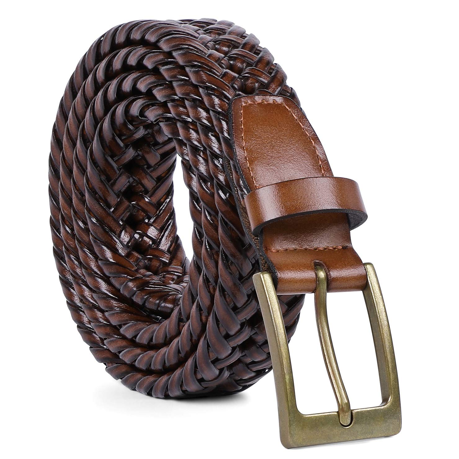 JASGOOD Men's Braided Leather Belt, Braided Woven Belt for Men Casual Jeans with Solid Strap Single Prong Buckle