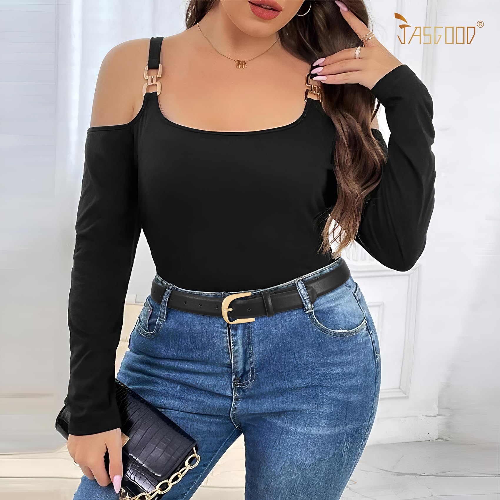 JASGOOD Women Leather Belts Plus Size Faux Leather Belt for Jeans Pants Fashion Ladies Waist Belt with Gold Buckle