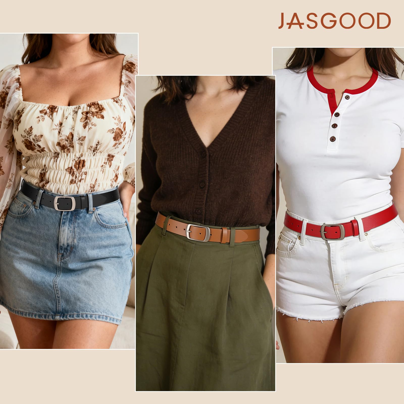 JASGOOD 3 PACK Women Belts for Jeans Pants Fashion Ladies Leather Waist Belt with Gold Buckle - JASGOOD OFFICIAL