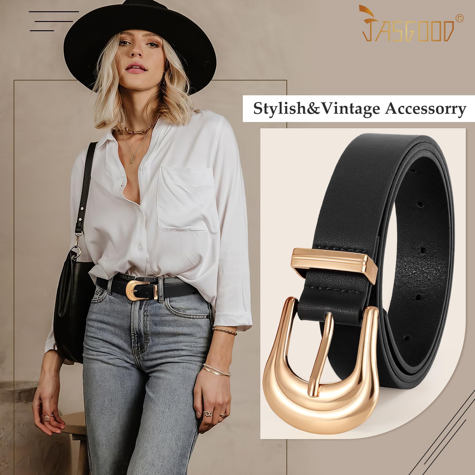 JASGOOD Women's Western Belt Vintage Black Leather Waist Belt for Pants Jeans with Gold Buckle