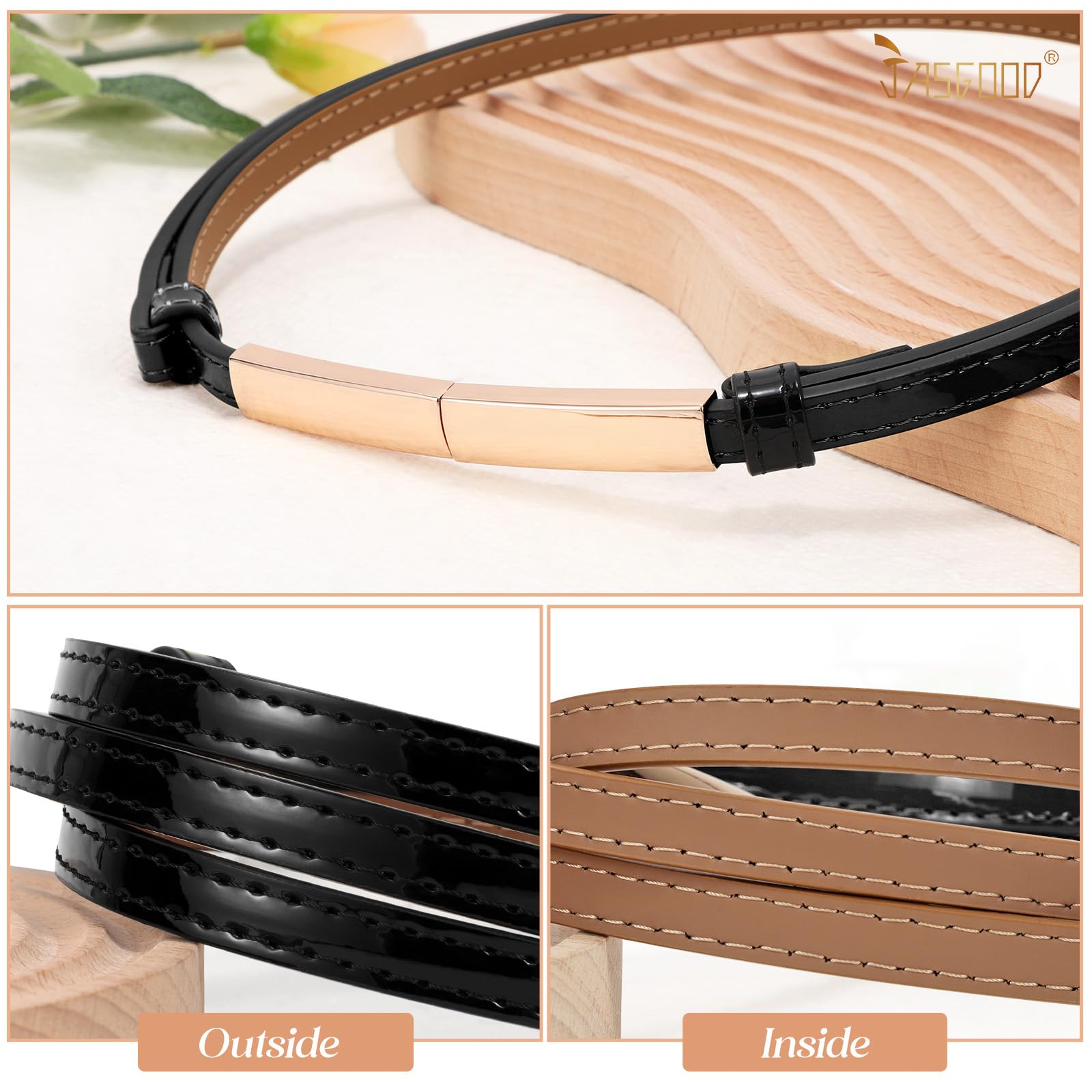 JASGOOD Women's Skinny Leather Belt Patent Ladies Thin Waist Belt for Dress with Metal Buckle