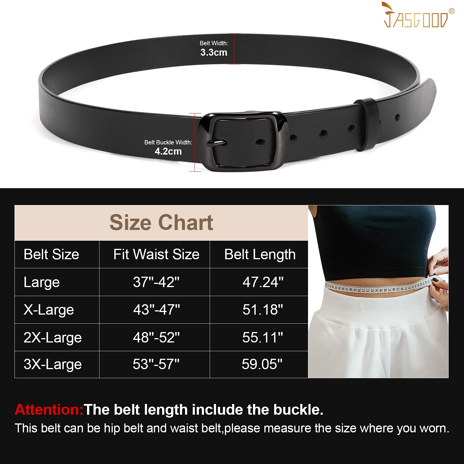 JASGOOD Plus Size Women Leather Belt Black Casual Waist Belt for Jeans Pants with Metal Pin Buckle - JASGOOD OFFICIAL
