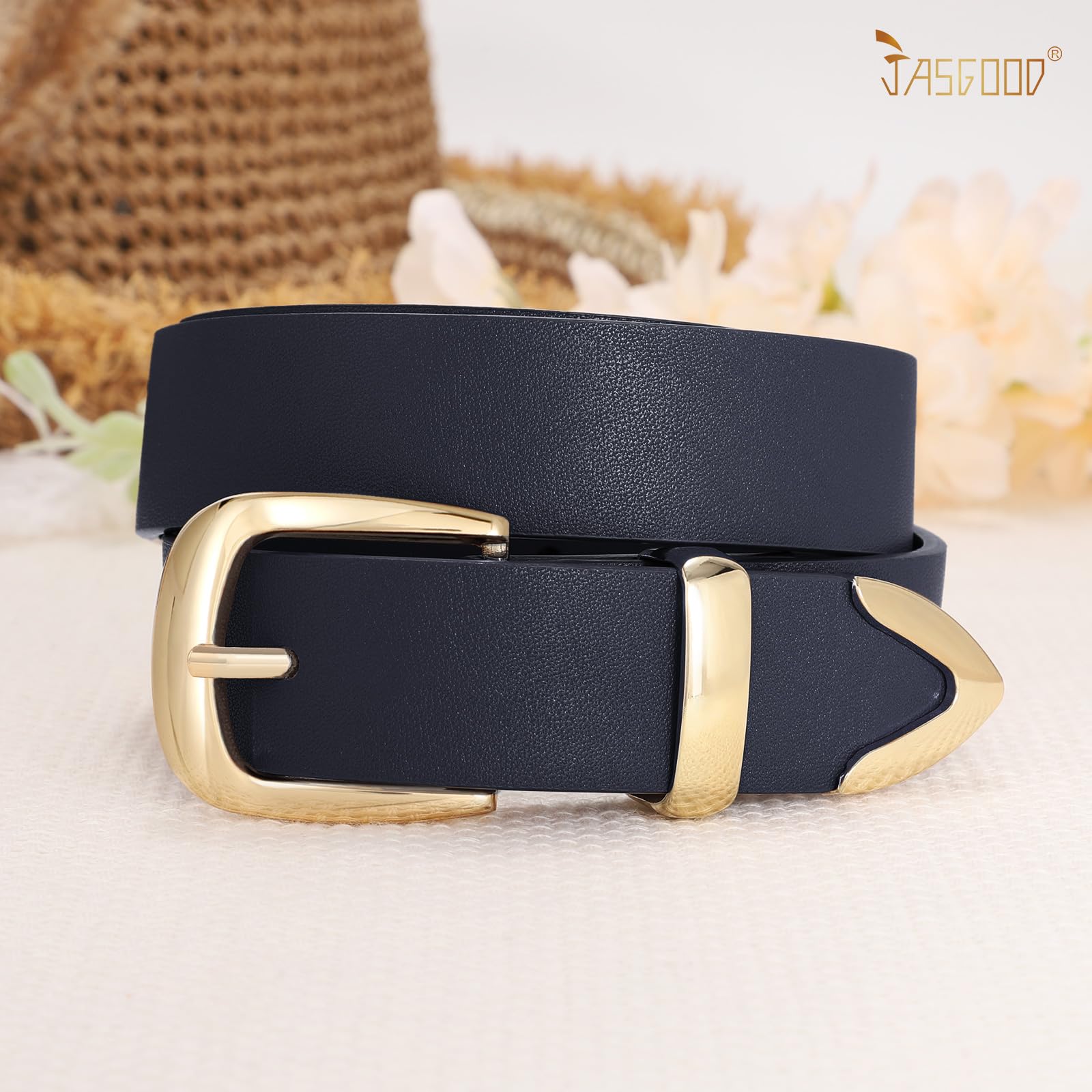 JASGOOD Women's Fashion Leather Belt Ladies Gold Buckle Leather Belt for Jeans Pants Dresses