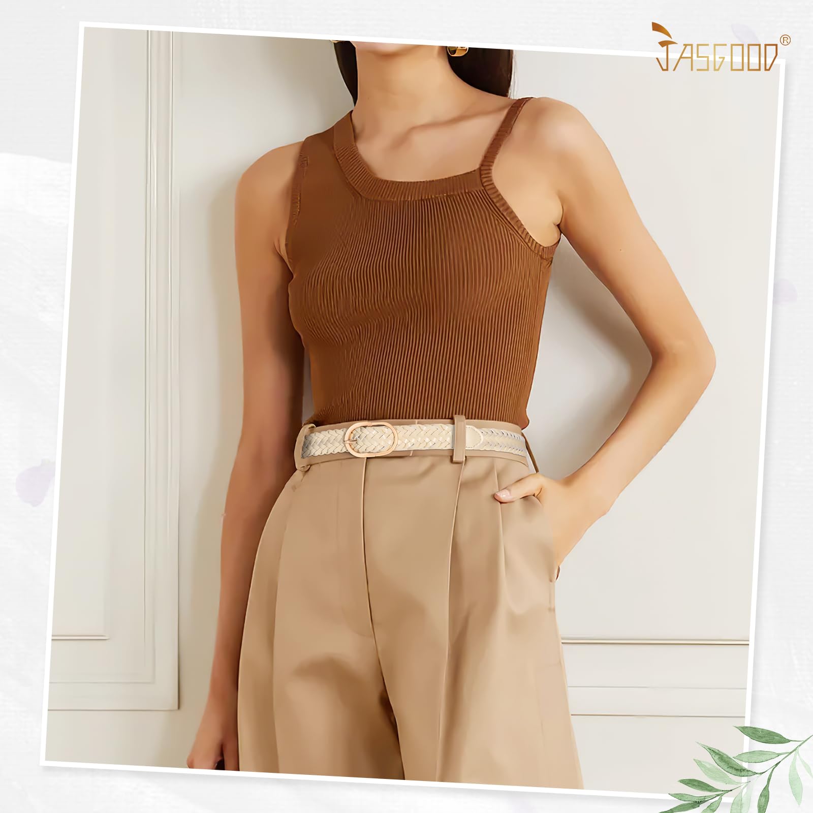 JASGOOD Women's Skinny Leather Braided Belt, Hand-Woven Thin Belt with Gold Buckle for Women for Jeans Pants Dresses