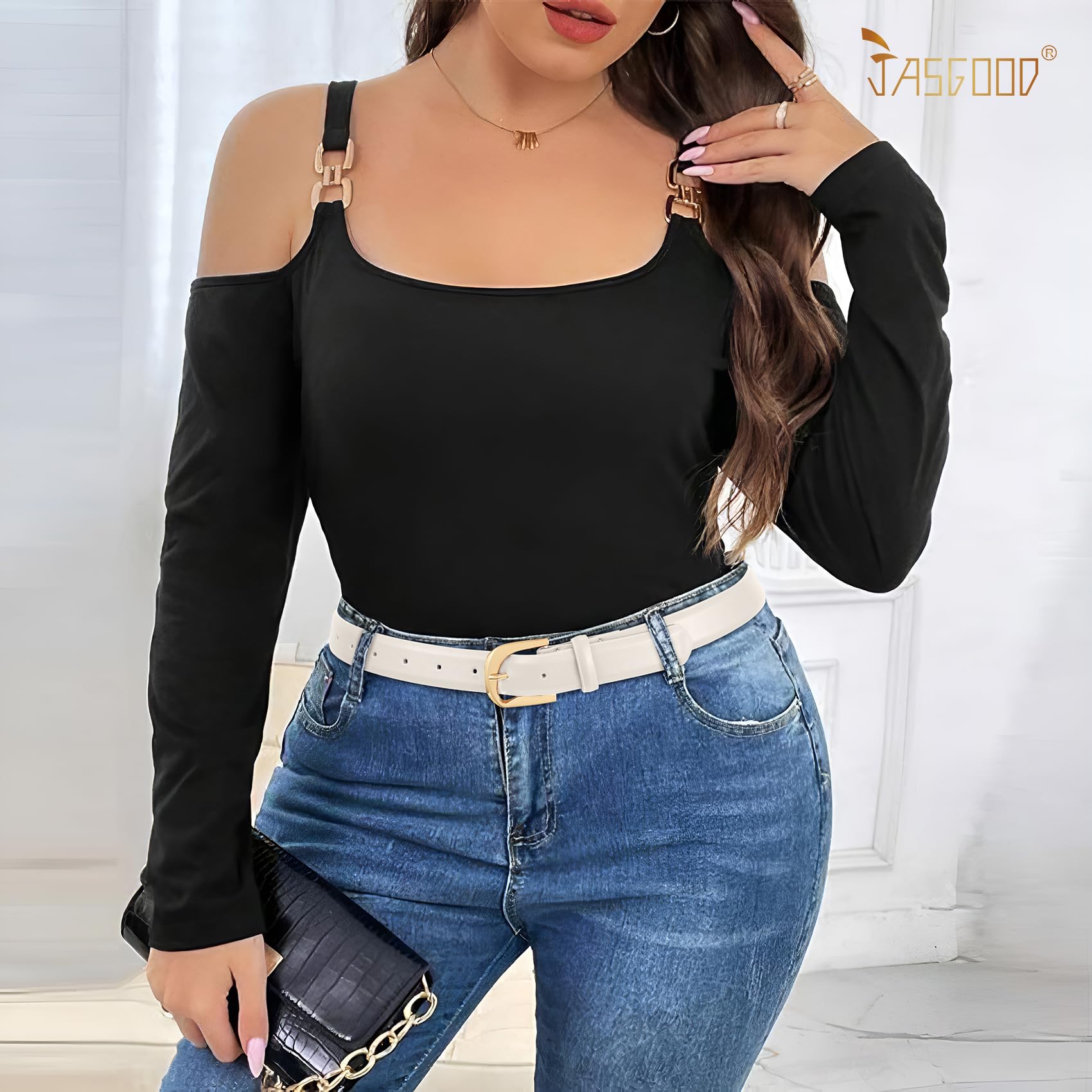 JASGOOD Women Leather Belts Plus Size Faux Leather Belt for Jeans Pants Fashion Ladies Waist Belt with Gold Buckle