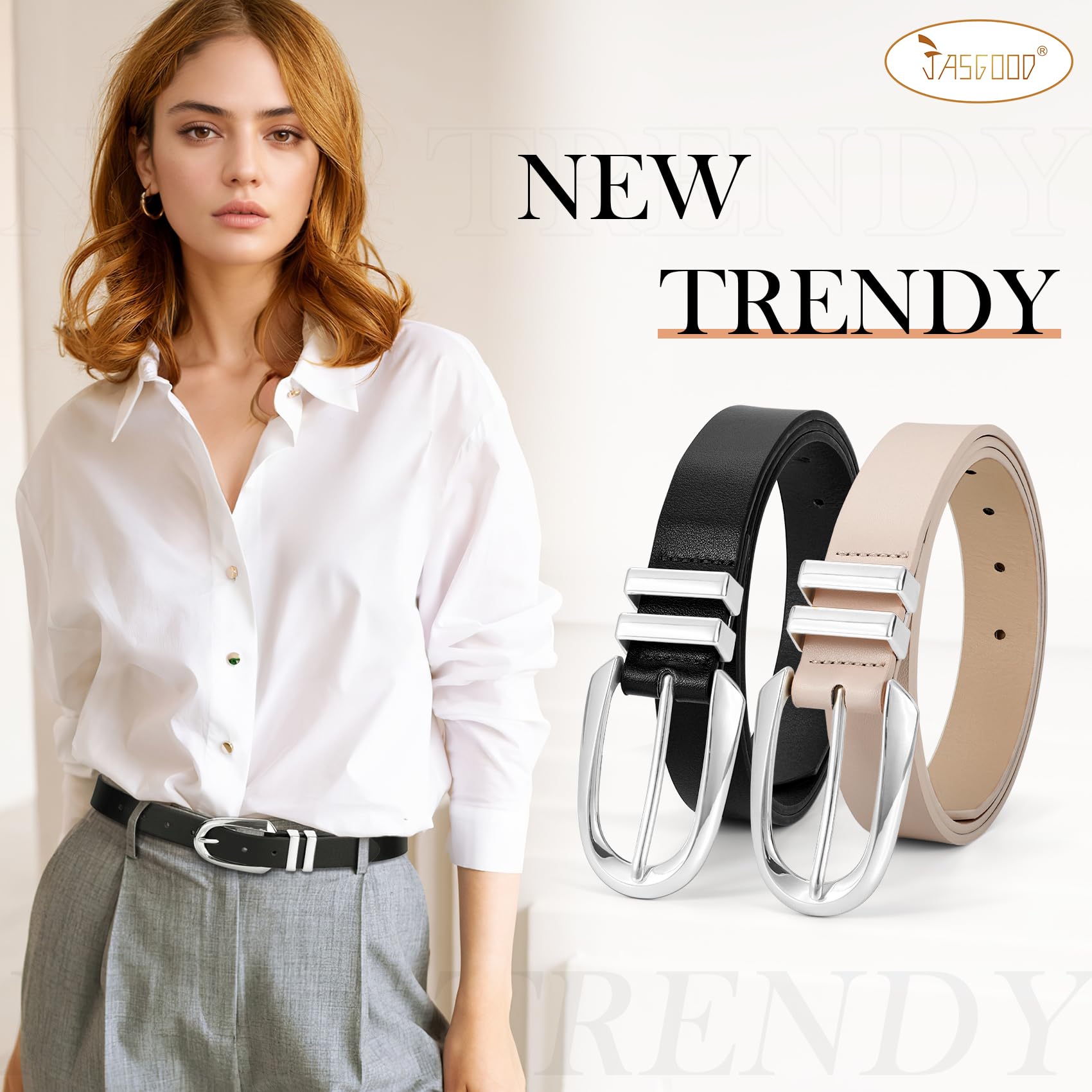 JASGOOD Women Leather Belt Fashion Waist Belt for Pants Jean Ladies Faux Leather Dress belt with Gold/Silver Buckle 2 Pack