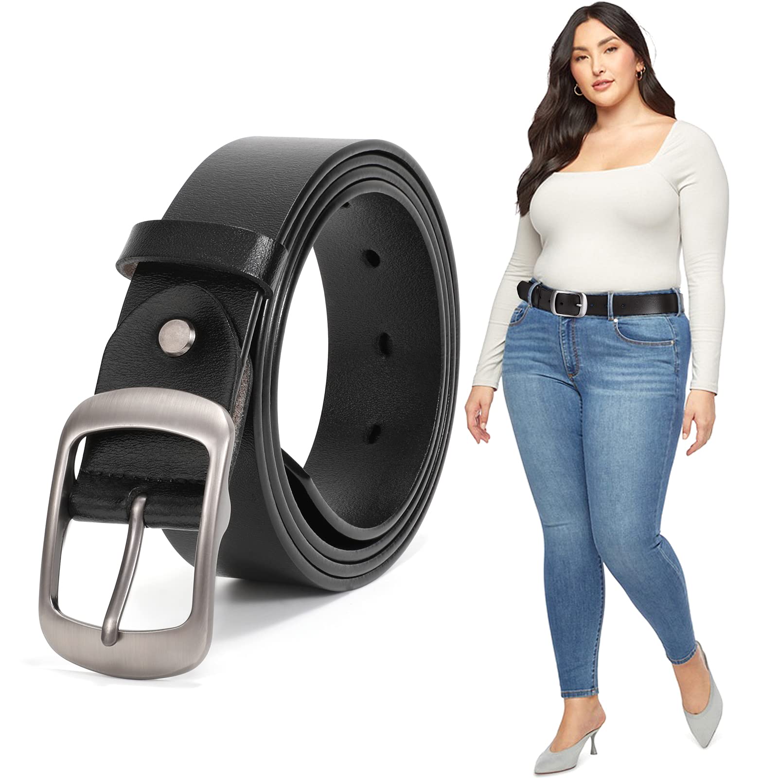 JASGOOD Plus Size Women Leather Belt Black Casual Waist Belt for Jeans Pants with Metal Pin Buckle - JASGOOD OFFICIAL