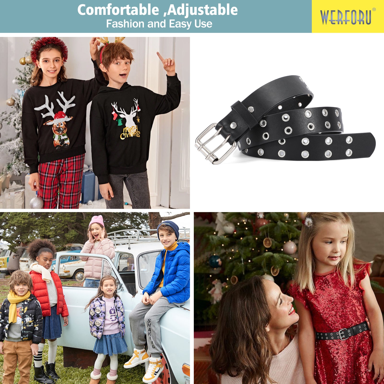 Kids Double Grommet Pu Leather Studded Holes Belt - JASGOOD OFFICIAL