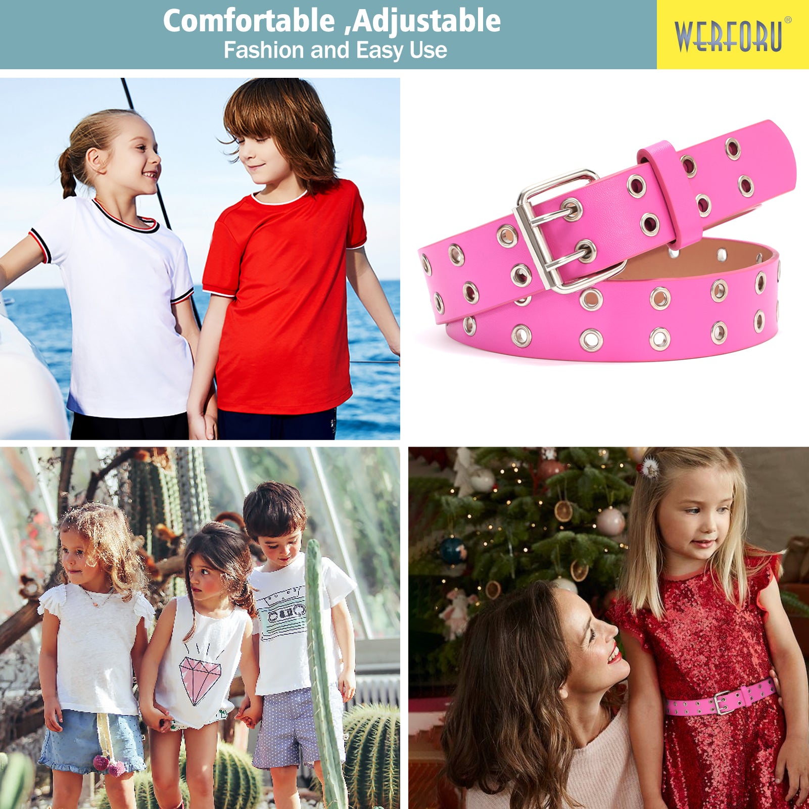 Kids Double Grommet Pu Leather Studded Holes Belt - JASGOOD OFFICIAL