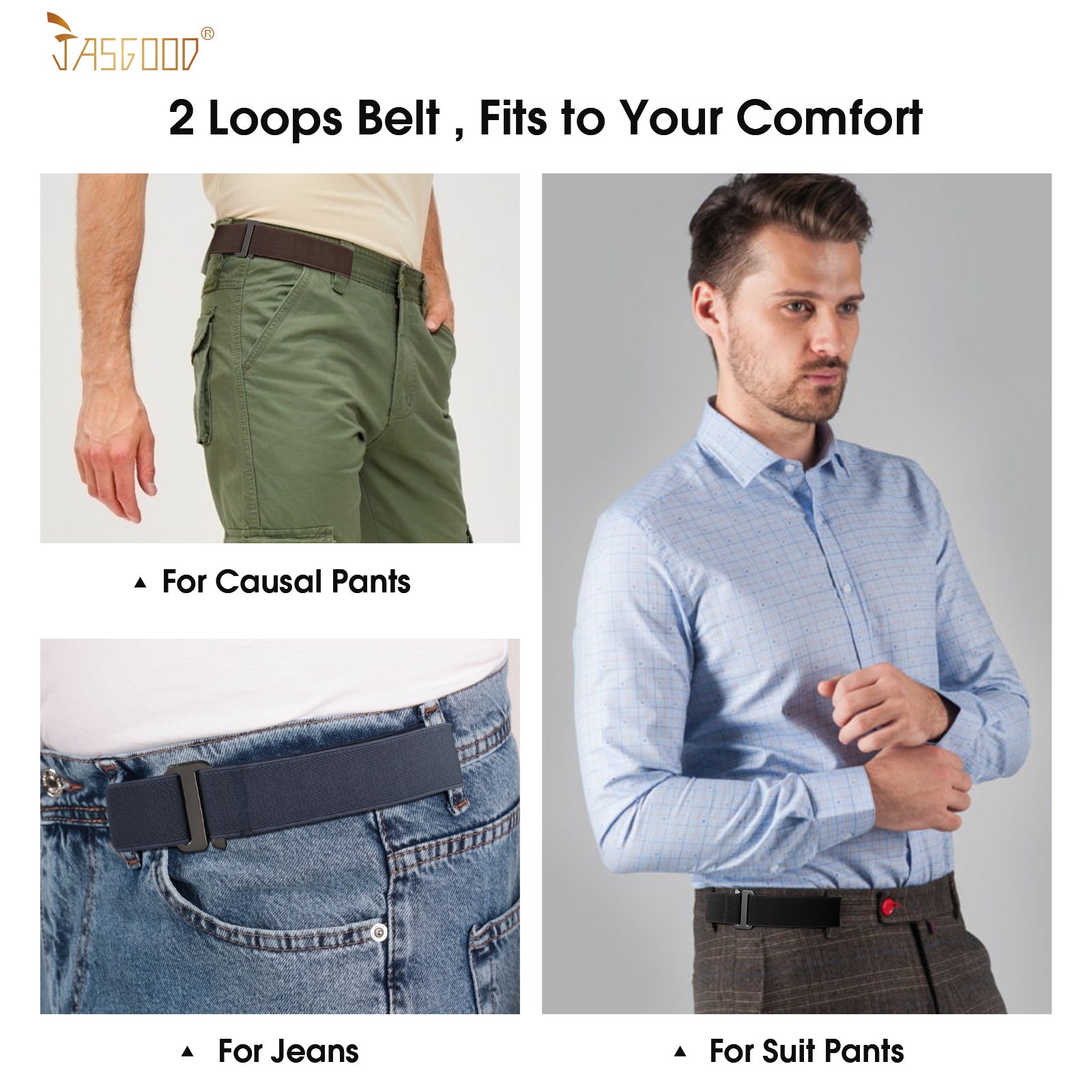 JASGOOD No Show Elastic 2 Loops Belt for Men,No Buckle Stretch Side Belt Pant Waist Tightener for Jeans - JASGOOD OFFICIAL