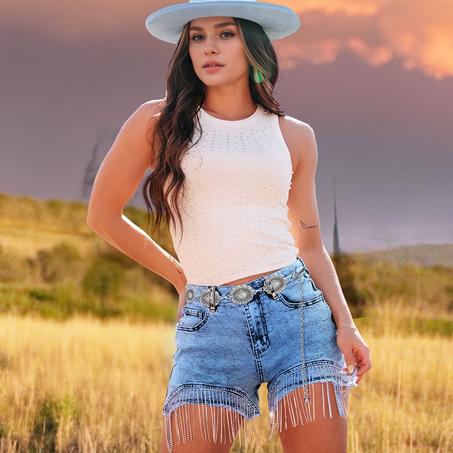 JASGOOD Women Boho Chain Belts For Dresses Jeans Western Cowgirl Waist Links Belt Adjustable Metal Concho Belt