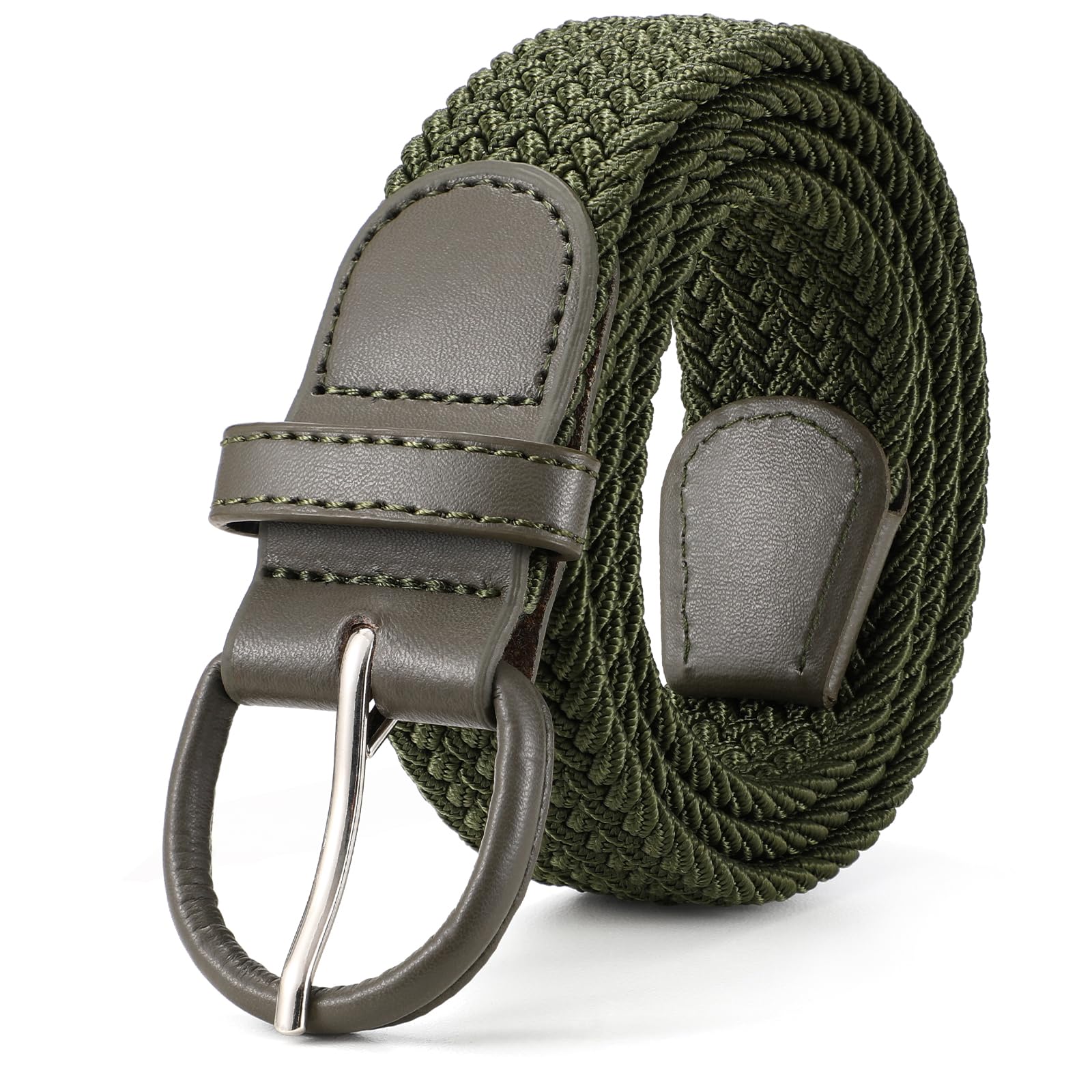 JASGOOD Women Braided Woven Elastic Stretch Belt Leather Covered Buckle Canvas Plus Size Belt for Jeans Pants