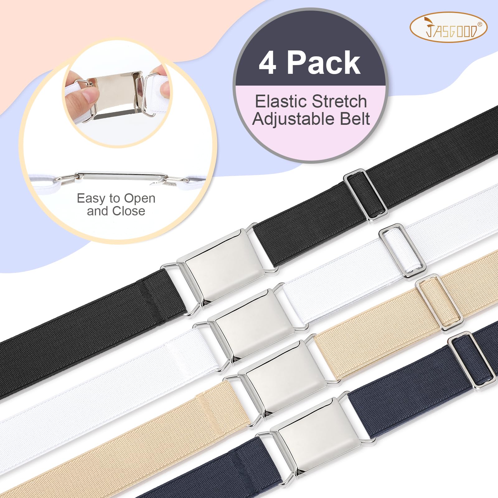 JASGOOD 4 Pack Women Stretch Belt Invisible Elastic Web Strap Belt for Pants Jeans Dresses