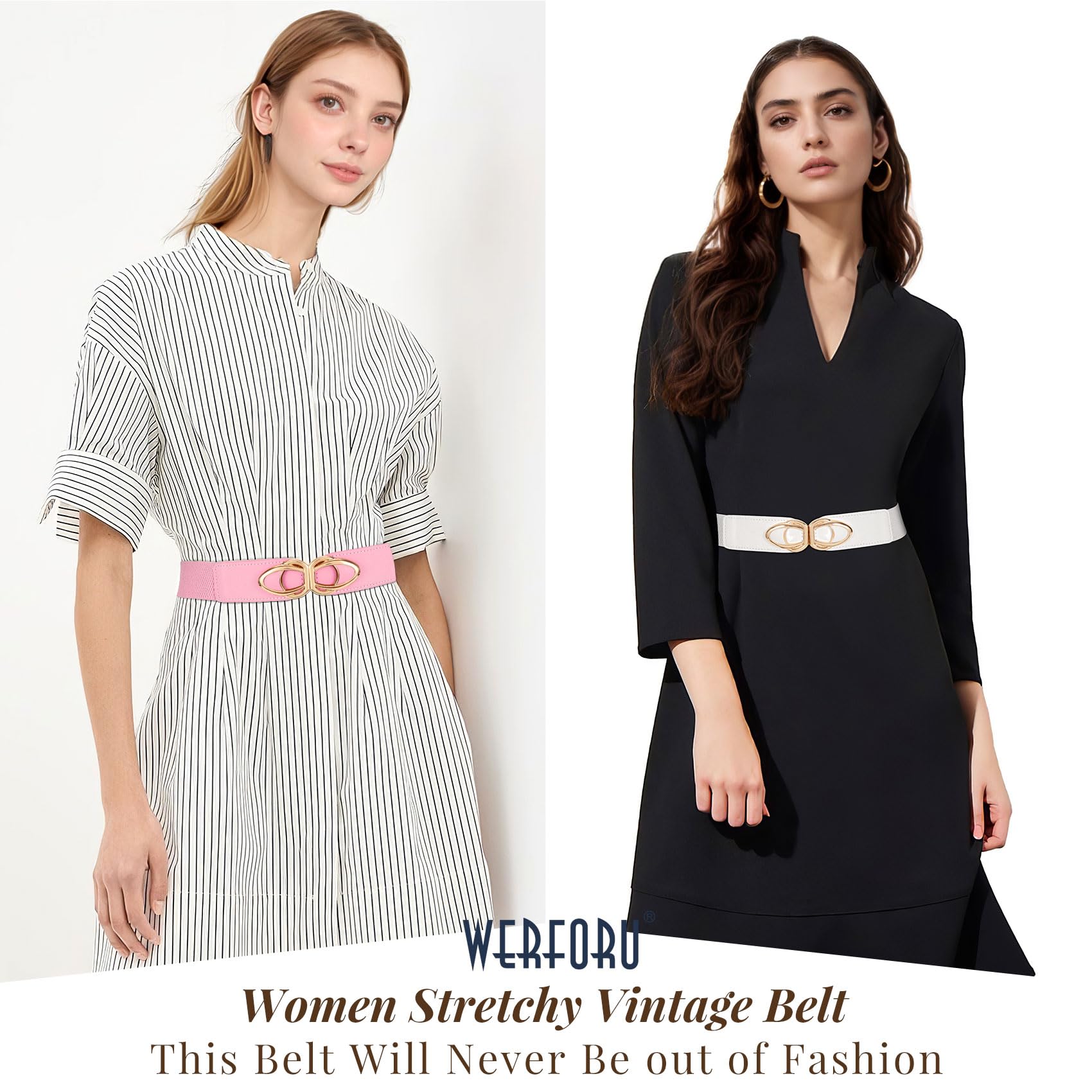 WERFORU Women Thin Elastic Belts,Skinny Stretch Vintage Fashion Waistband for Dress with Gold Buckle 4 Pack