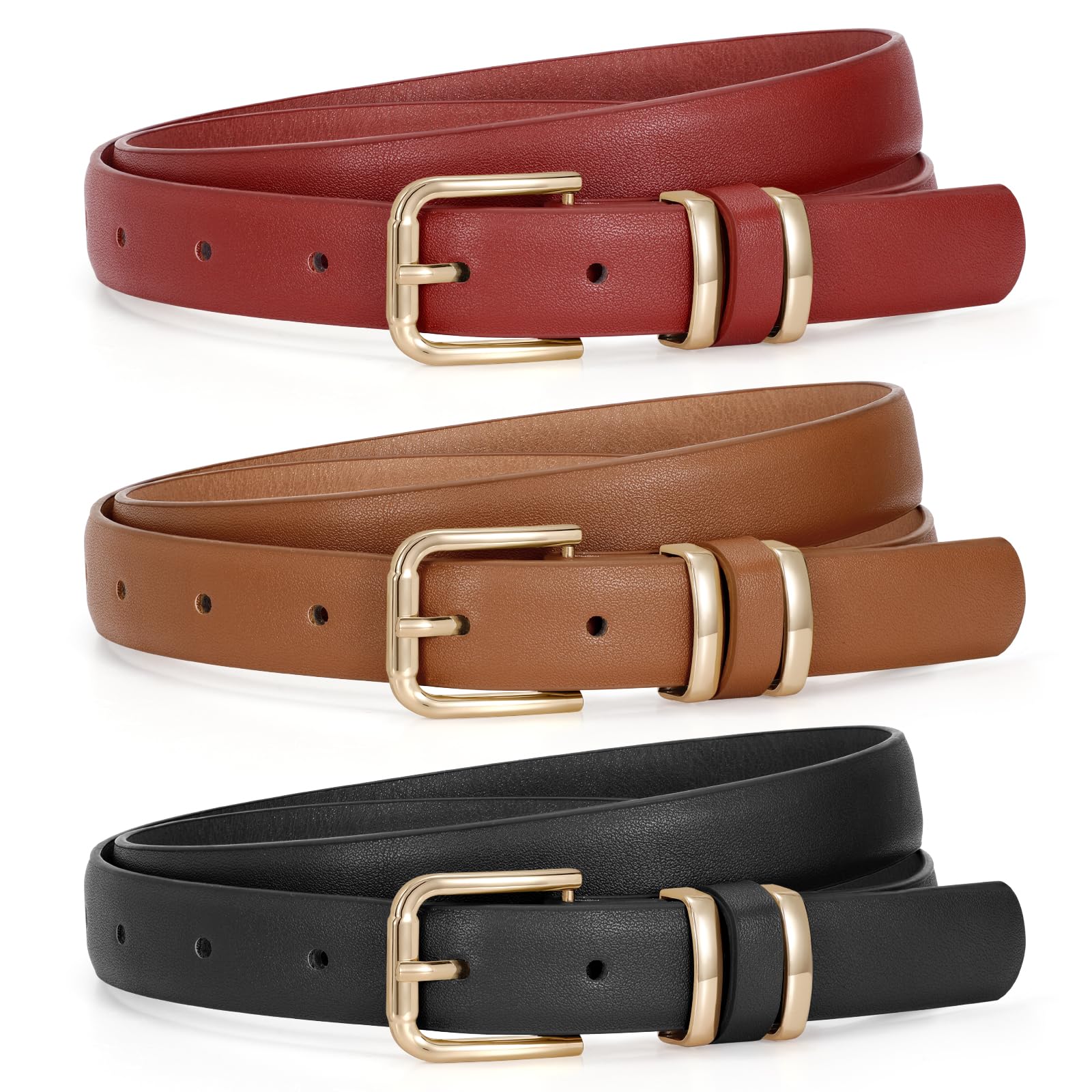 JASGOOD 3 Pack Belts for Women Belt for Jeans Pants Dress Ladies Leather Fashion Waist Thin Belts with Gold Buckle