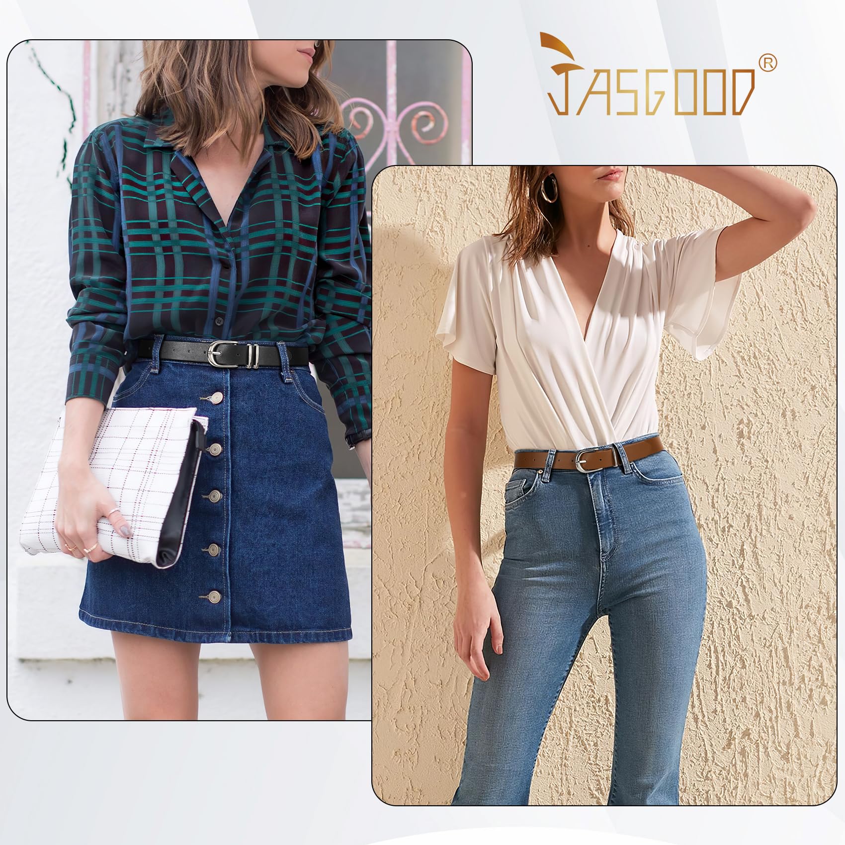 JASGOOD 3 Pack Women Leather Belts For Jeans Dresses Pants Ladies Faux Leather Waist Belt with Gold Buckle - JASGOOD OFFICIAL