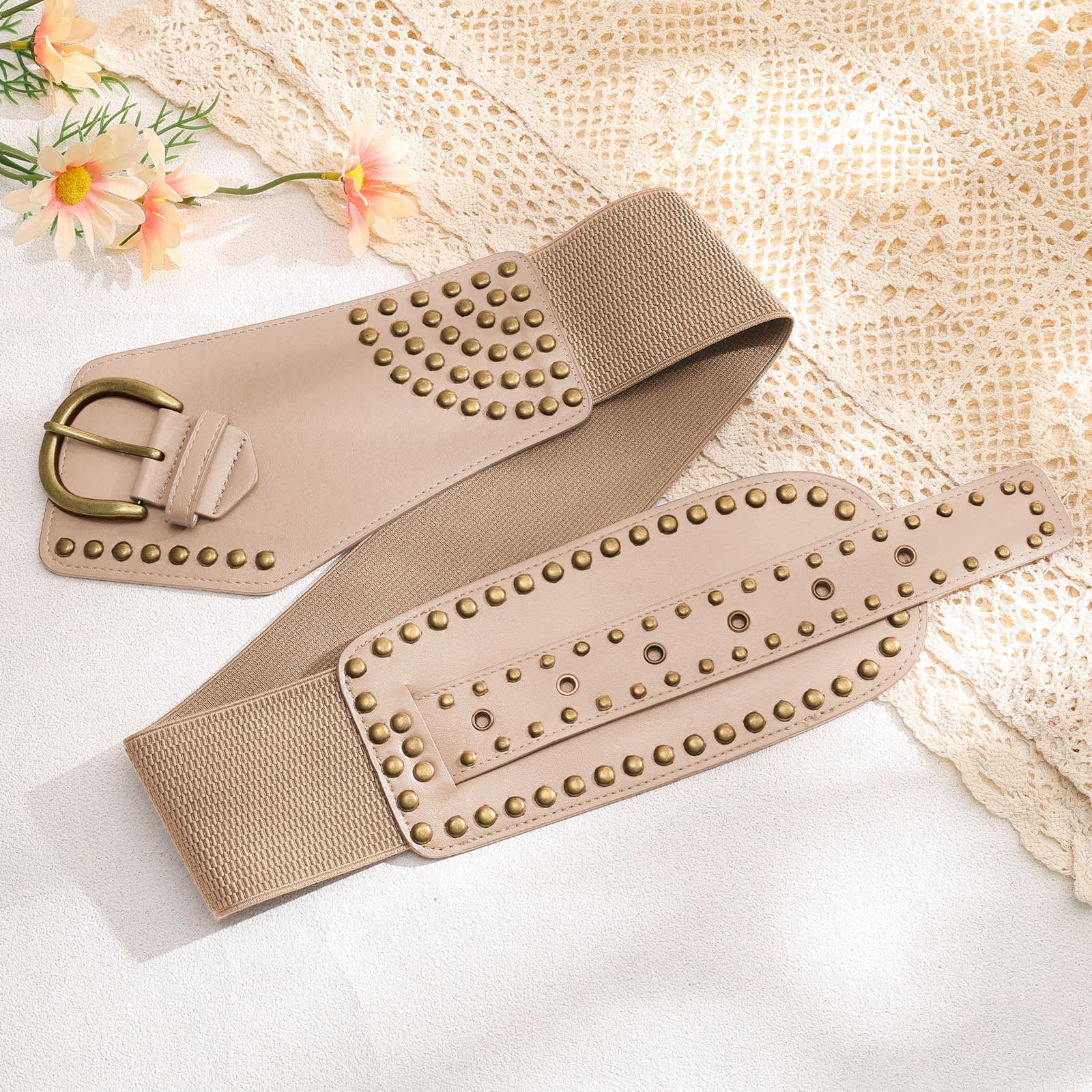 JASGOOD Women Vintage Wide Elastic Belt Studded Stretchy Waist Belt with Rivets Metal Buckle - JASGOOD OFFICIAL