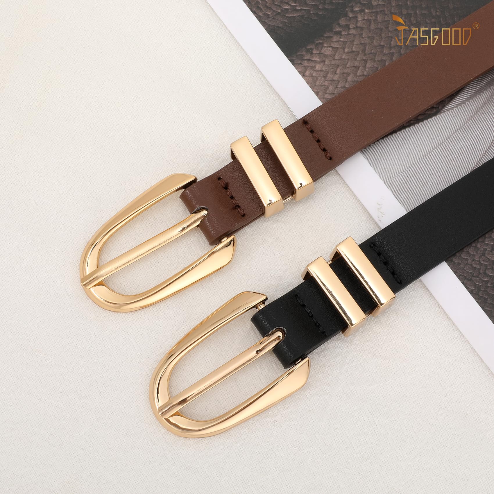 JASGOOD 2 Pack Women Skinny PU Leather Belt Ladies Thin Leather Plus Size Waist Belt for Jeans Dress with Gold Buckle