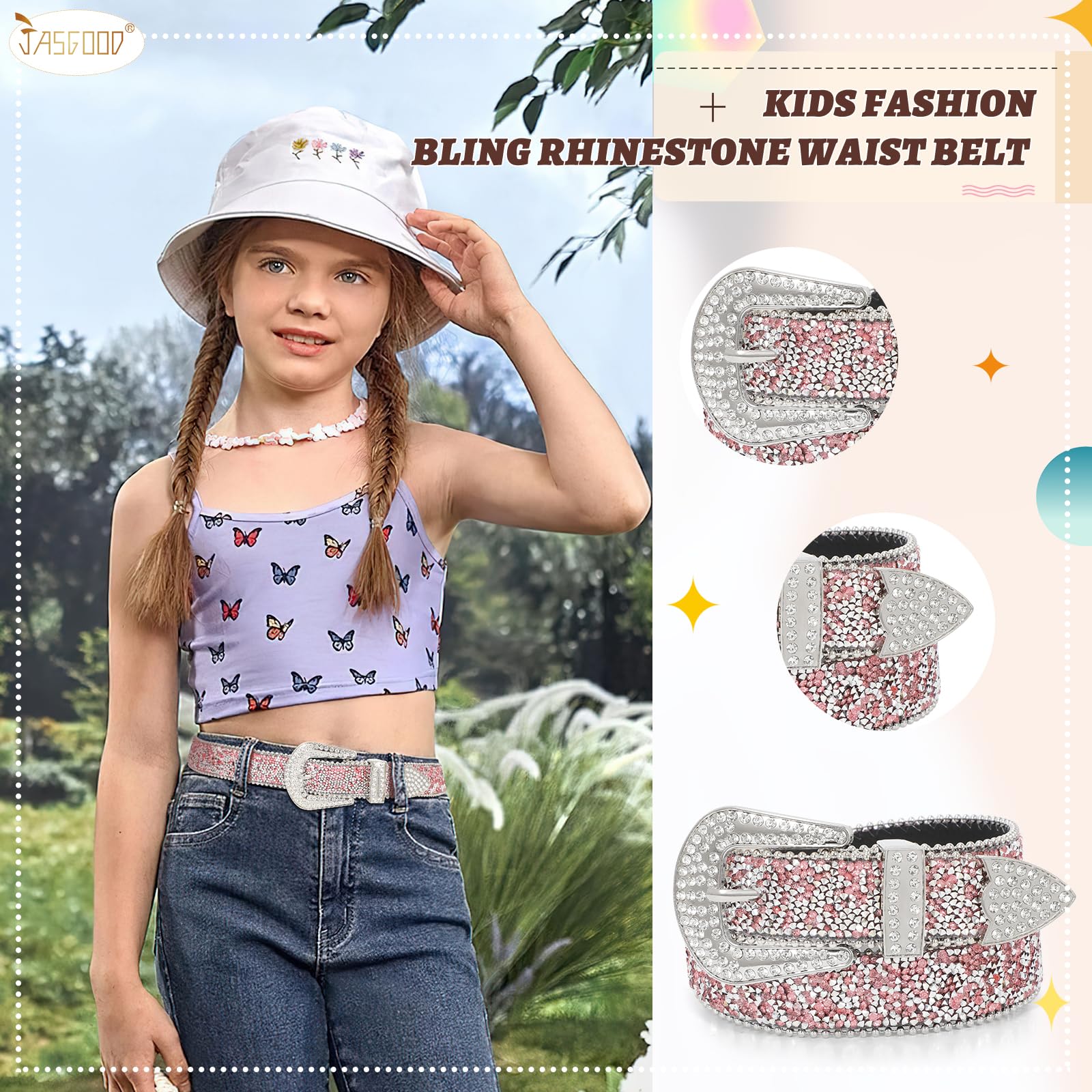 JASGOOD Kids Rhinestone Belt for Girls and Boys,Western Cowgirl Cowboy Bling Studded Leather Belt for Jeans Dress