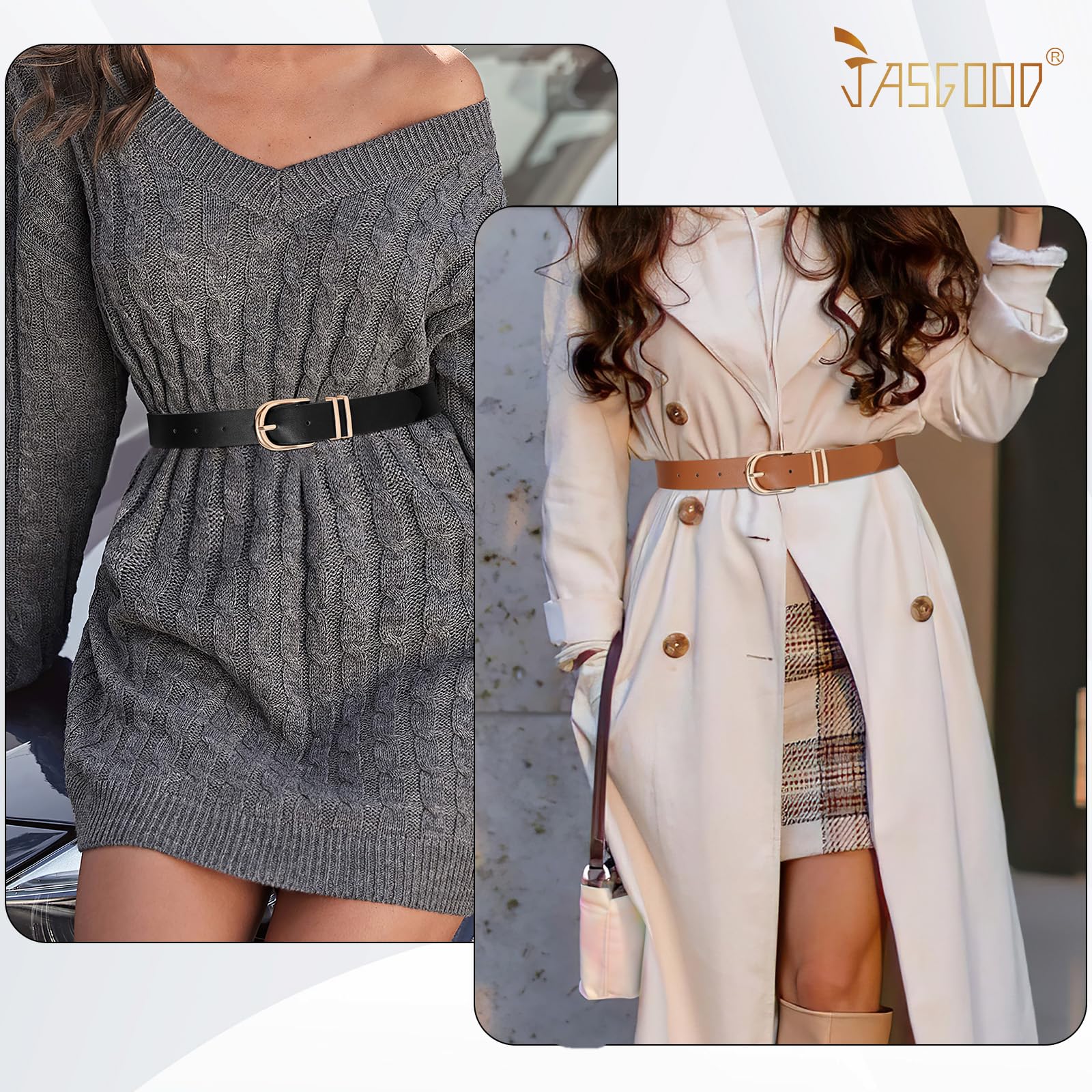 JASGOOD 3 Pack Women Leather Belts For Jeans Dresses Pants Ladies Faux Leather Waist Belt with Gold Buckle - JASGOOD OFFICIAL