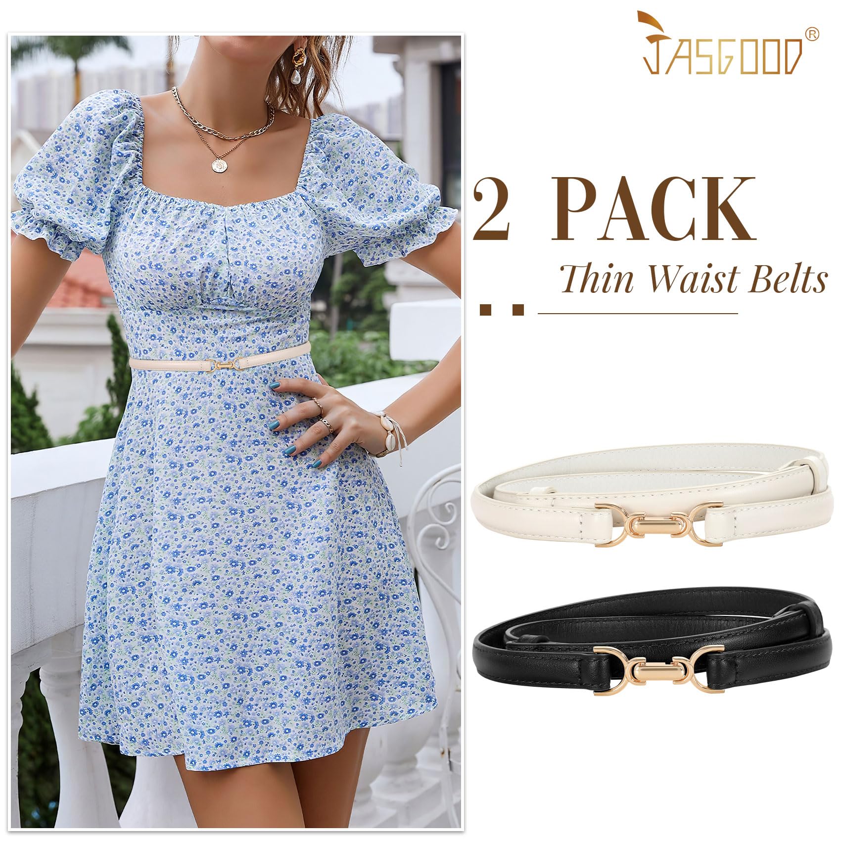 JASGOOD 2 Pack Women Skinny Faux Leather Belts Thin Waist Belts With Adjustable Gold Buckle for Dresses Jeans