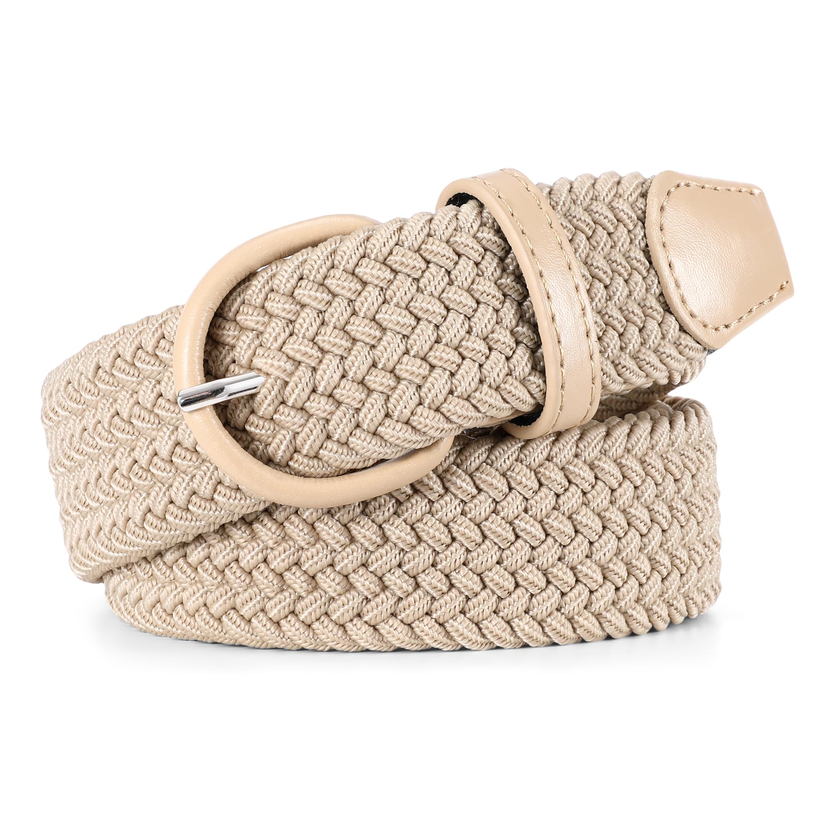 JASGOOD Women Braided Woven Elastic Stretch Belt Leather Covered Buckle Canvas Plus Size Belt for Jeans Pants