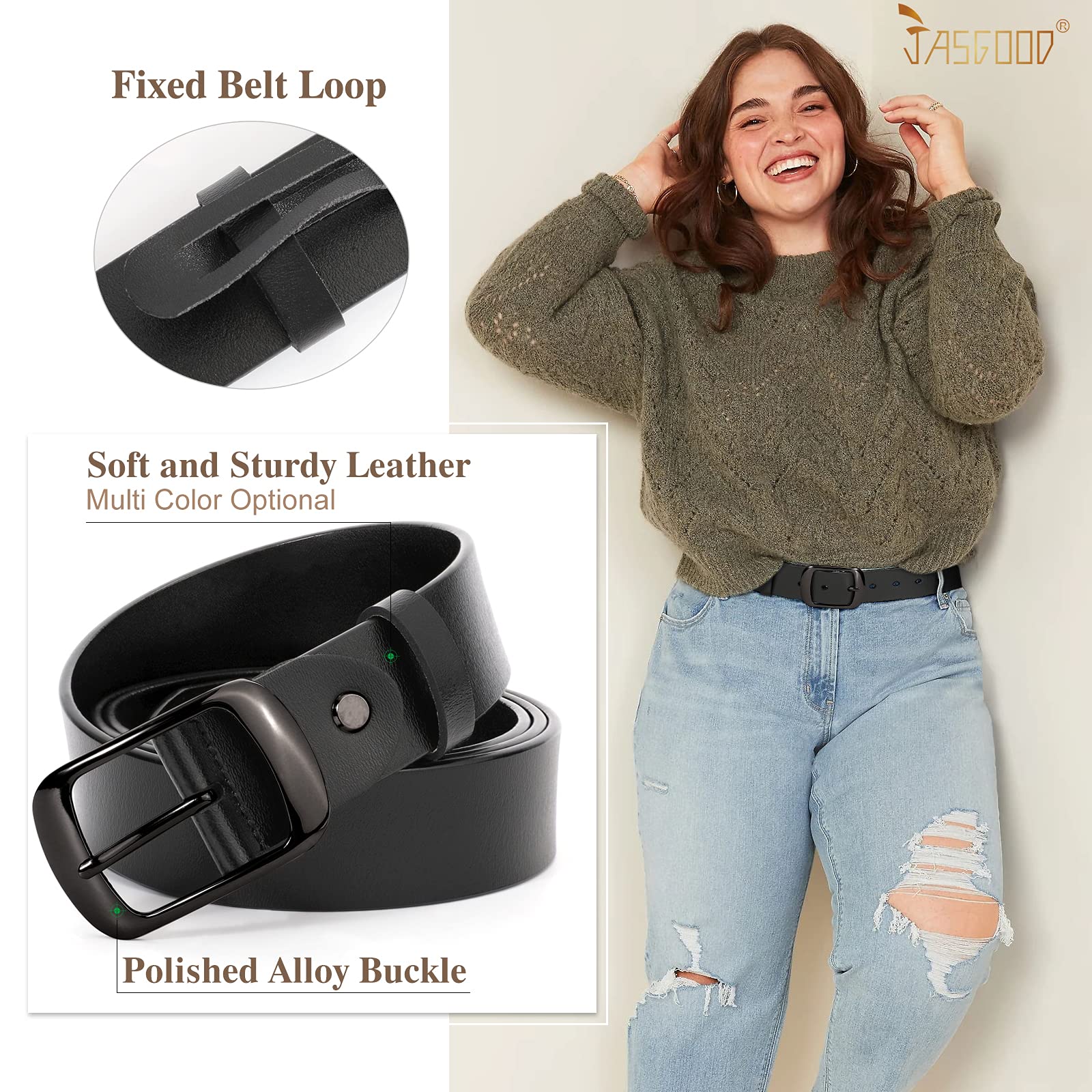 JASGOOD Plus Size Women Leather Belt Black Casual Waist Belt for Jeans Pants with Metal Pin Buckle - JASGOOD OFFICIAL