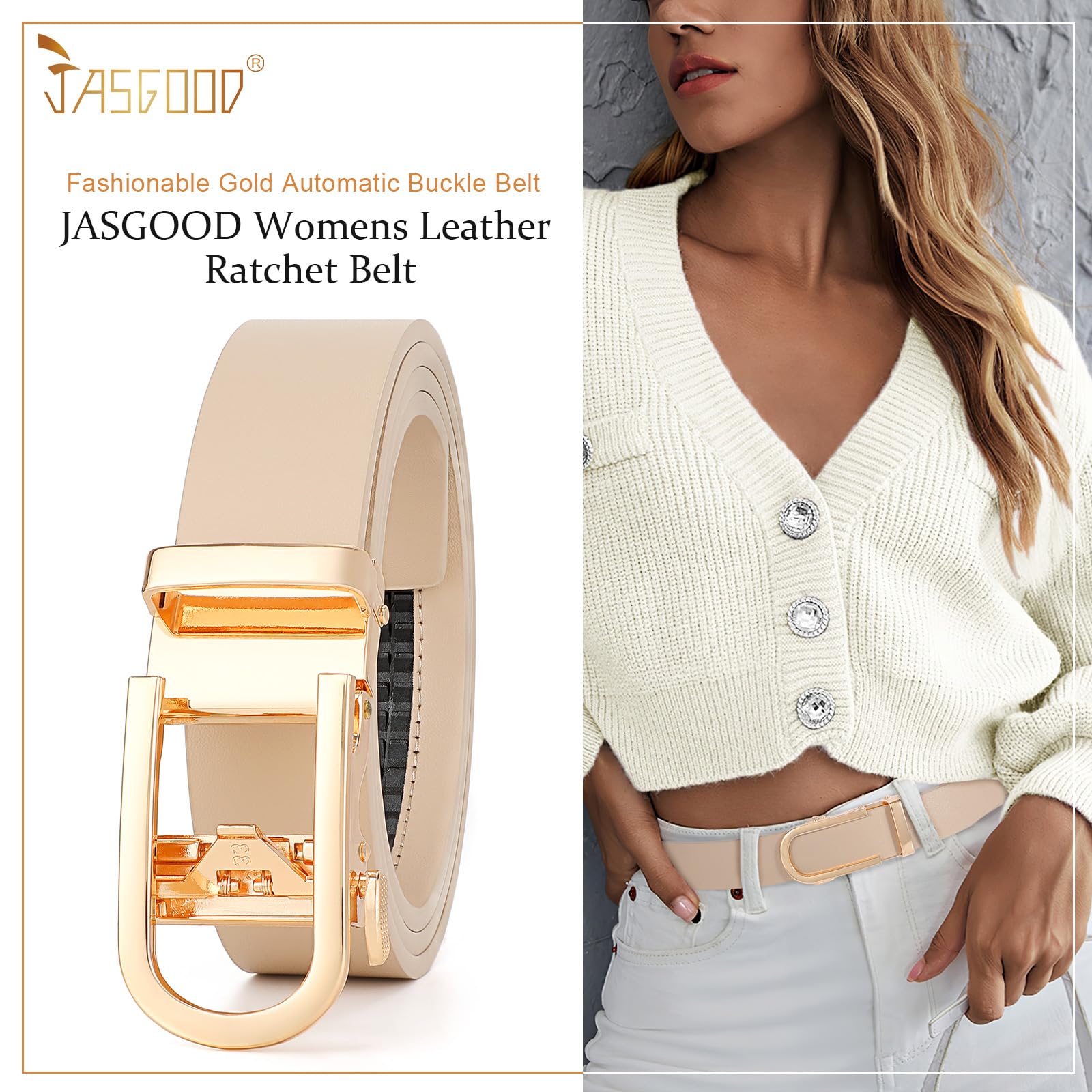 JASGOOD Women Leather Ratchet Belt for Jeans Pants Dresses Adjustable Belt with Automatic Sliding Buckle, Width 1.2" - JASGOOD OFFICIAL