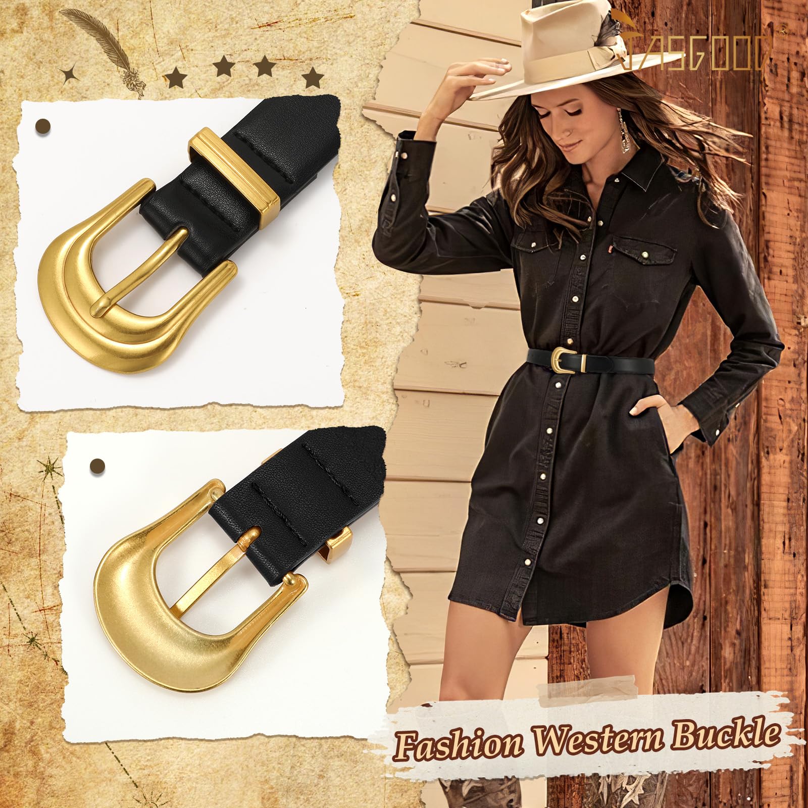 JASGOOD Women's Western Belt Vintage Black Leather Waist Belt for Pants Jeans with Gold Buckle