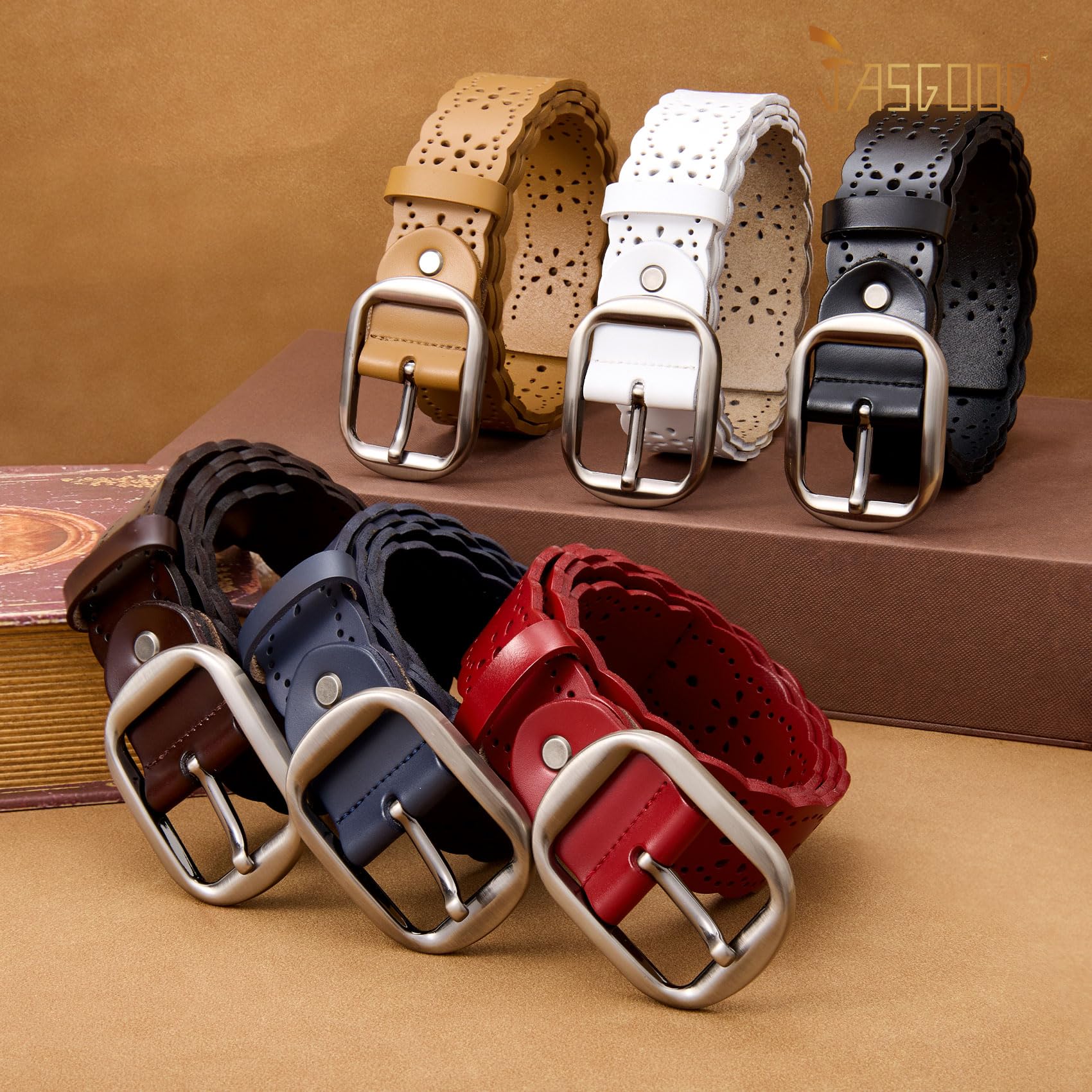 JASGOOD Women's Hollow Flower Genuine Leather Belt for Jeans Pants Wide Belt for Ladies - JASGOOD OFFICIAL