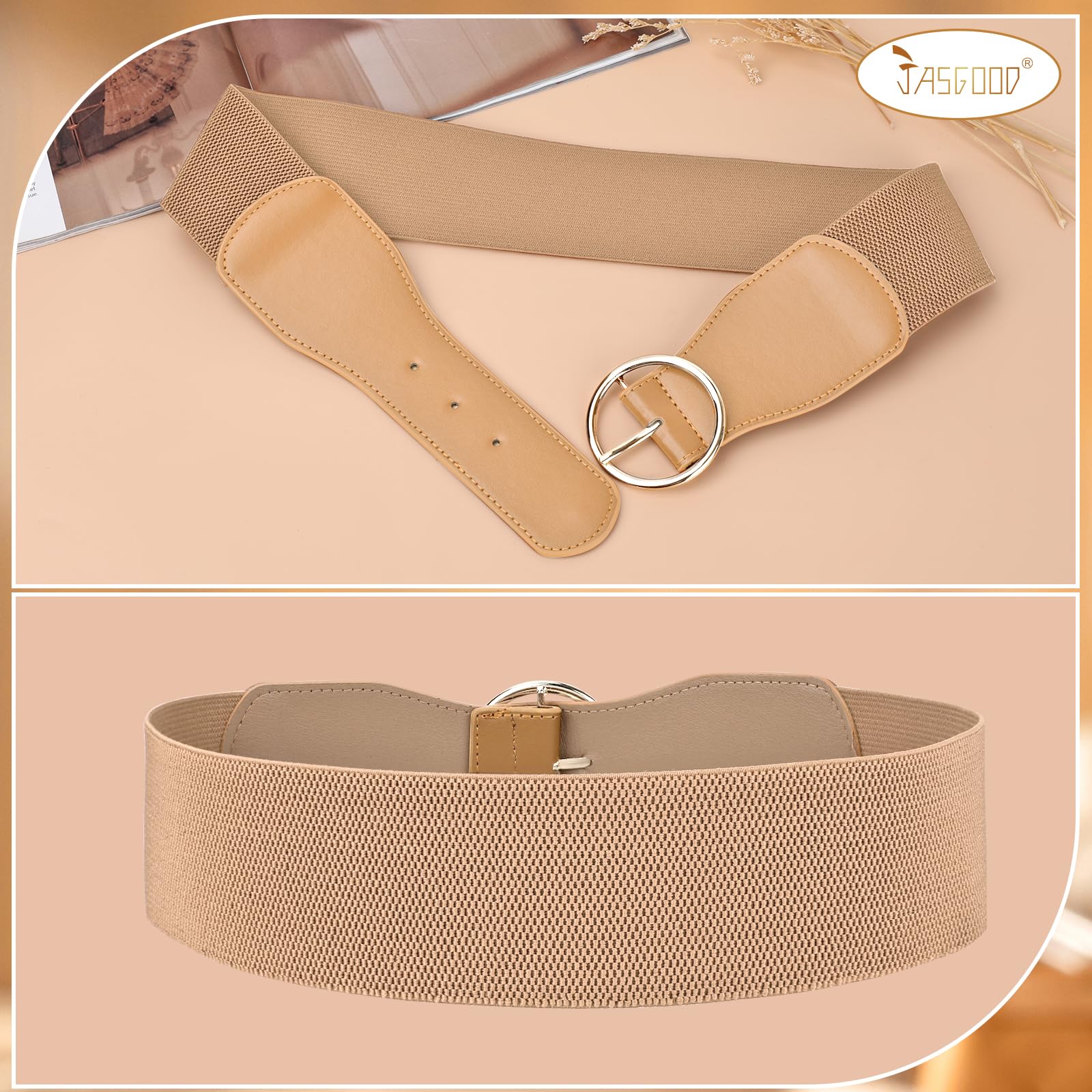 JASGOOD 3 Pack Women Wide Elastic Waist Belt for Dress Ladies Stretch Belt with Gold Round Buckle - JASGOOD OFFICIAL