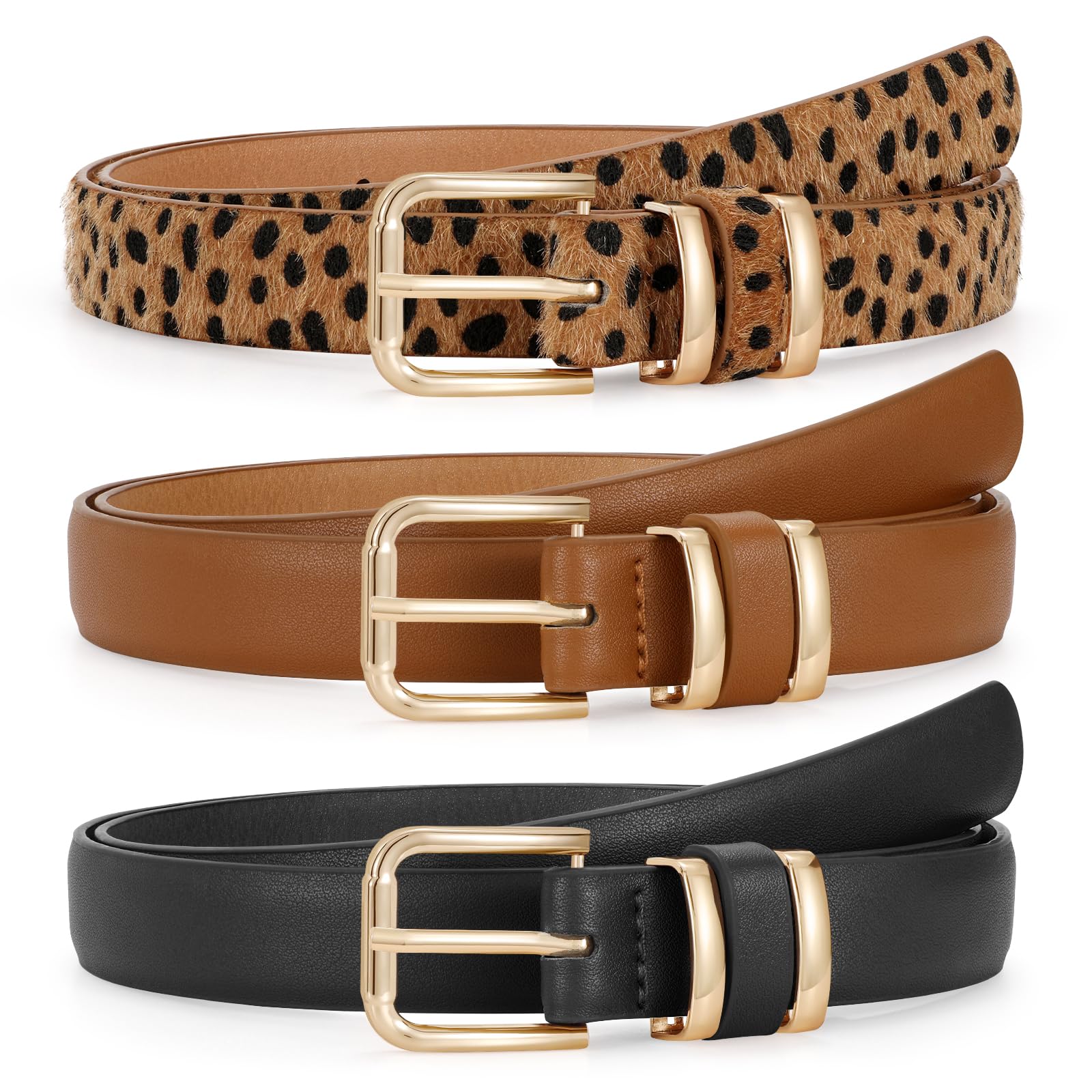 JASGOOD 3 Pack Women's Leather Belts for Jeans Dress Pants Trendy Belts with Gold Buckle