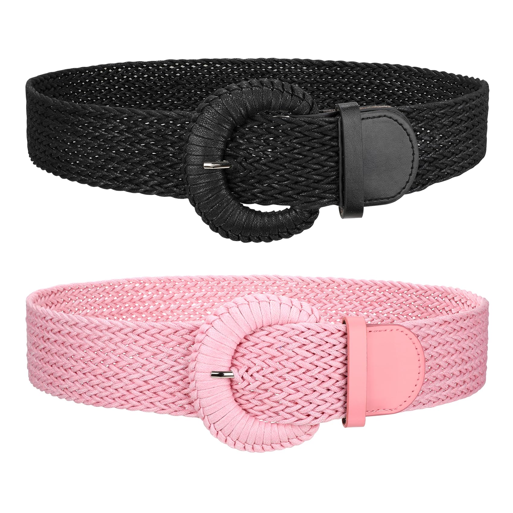 JASGOOD 2 Pack Women Woven Waist Belt for Dress Boho Rattan Belt Wide Braided Belt with Round Buckle