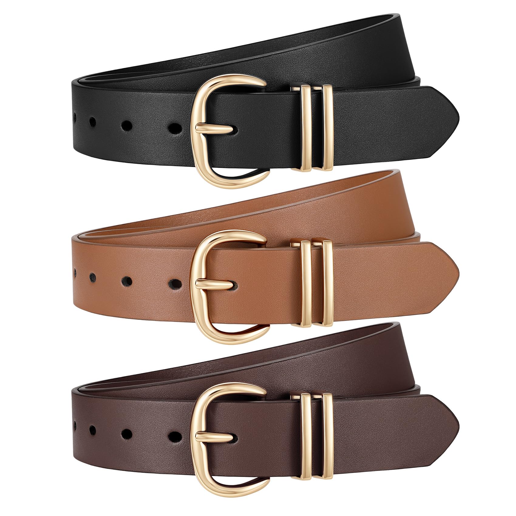 JASGOOD 3 Pack Belts for Women Leather Waist Belts for Jeans Dresses Pants Ladies Fashion Belt with Gold Buckle