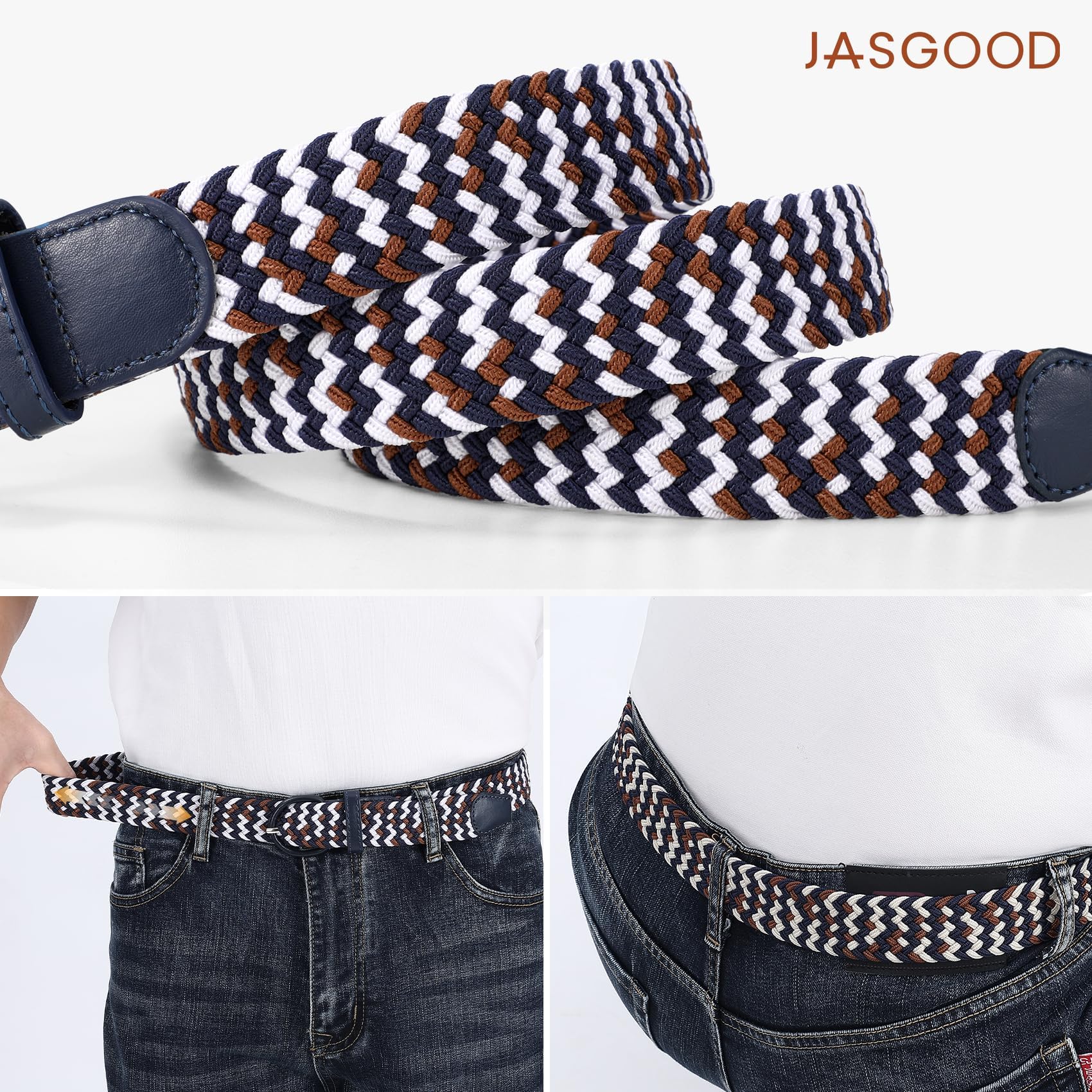 JASGOOD Women Braided Woven Elastic Stretch Belt Leather Covered Buckle Canvas Plus Size Belt for Jeans Pants