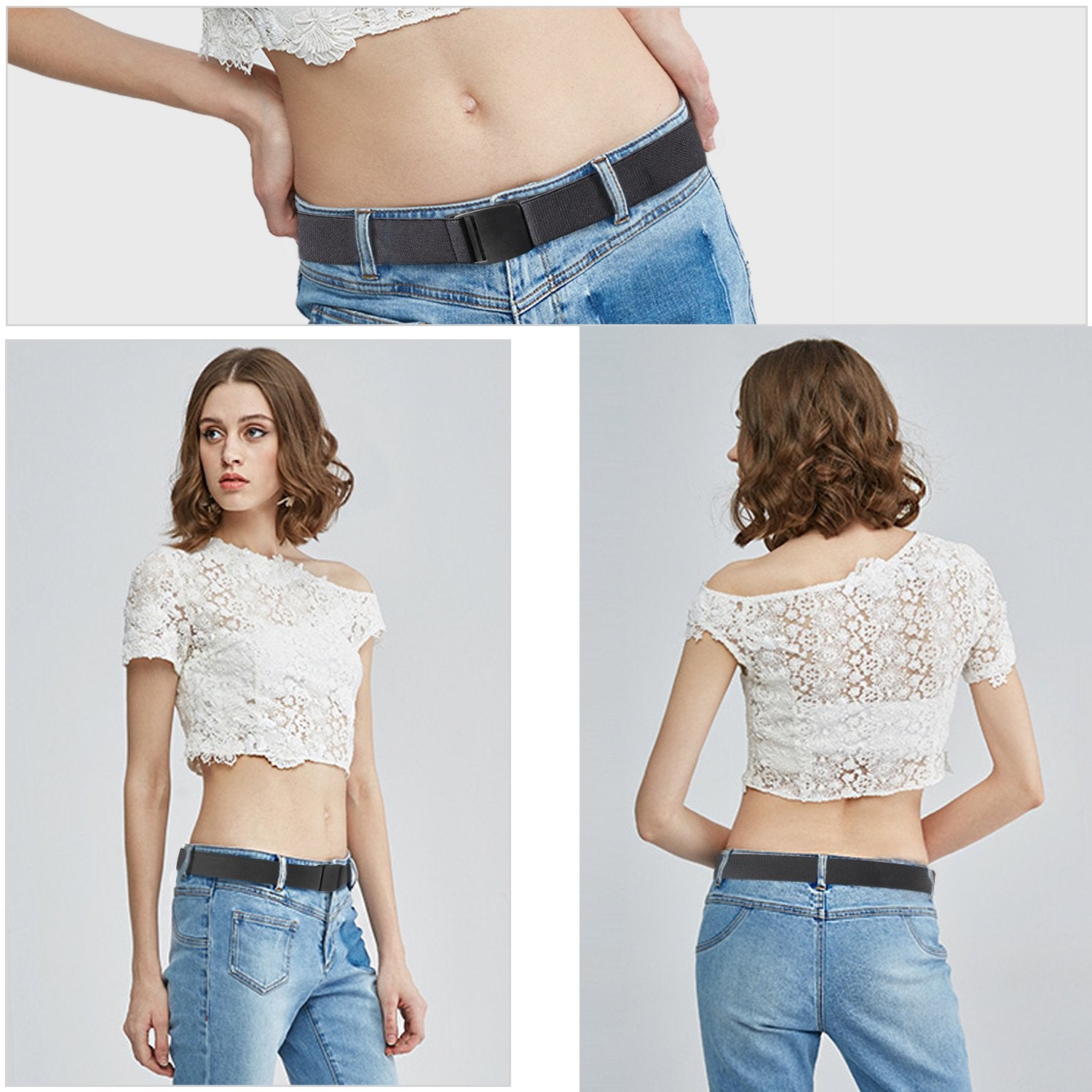 JASGOOD No Show Stretch Belt for Women Easily Adjustable Elastic Flat Buckle Belt