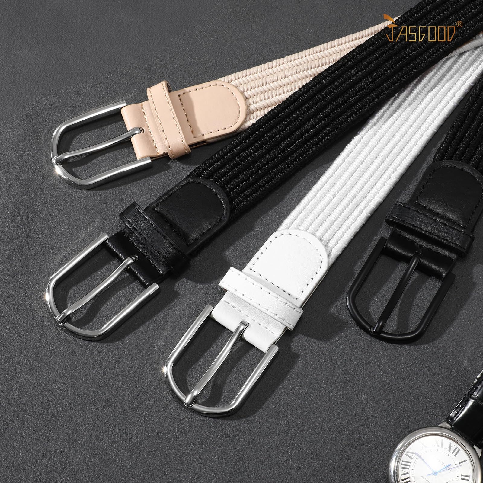 JASGOOD Elastic Braided Stretch Belt Women Golf Casual Fabric Woven Belt 1 3/8" Adjustable Work