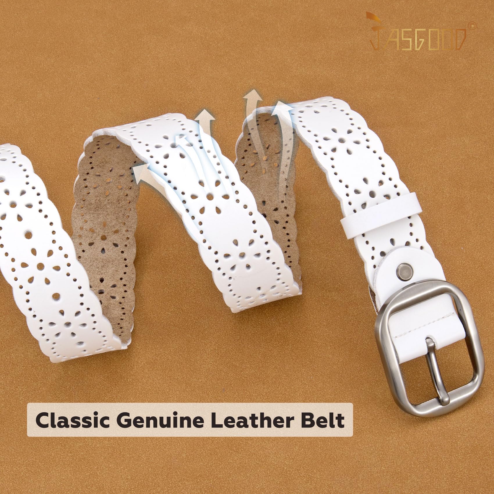 JASGOOD Women's Hollow Flower Genuine Leather Belt for Jeans Pants Wide Belt for Ladies - JASGOOD OFFICIAL