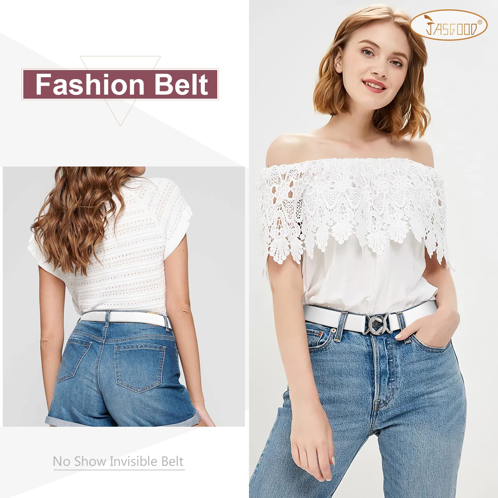 JASGOOD Women No Show Stretch Belt 2 Pack Adjustable Elastic Web Belt with Flat Buckle for Jeans Pants Casual Belts - JASGOOD OFFICIAL