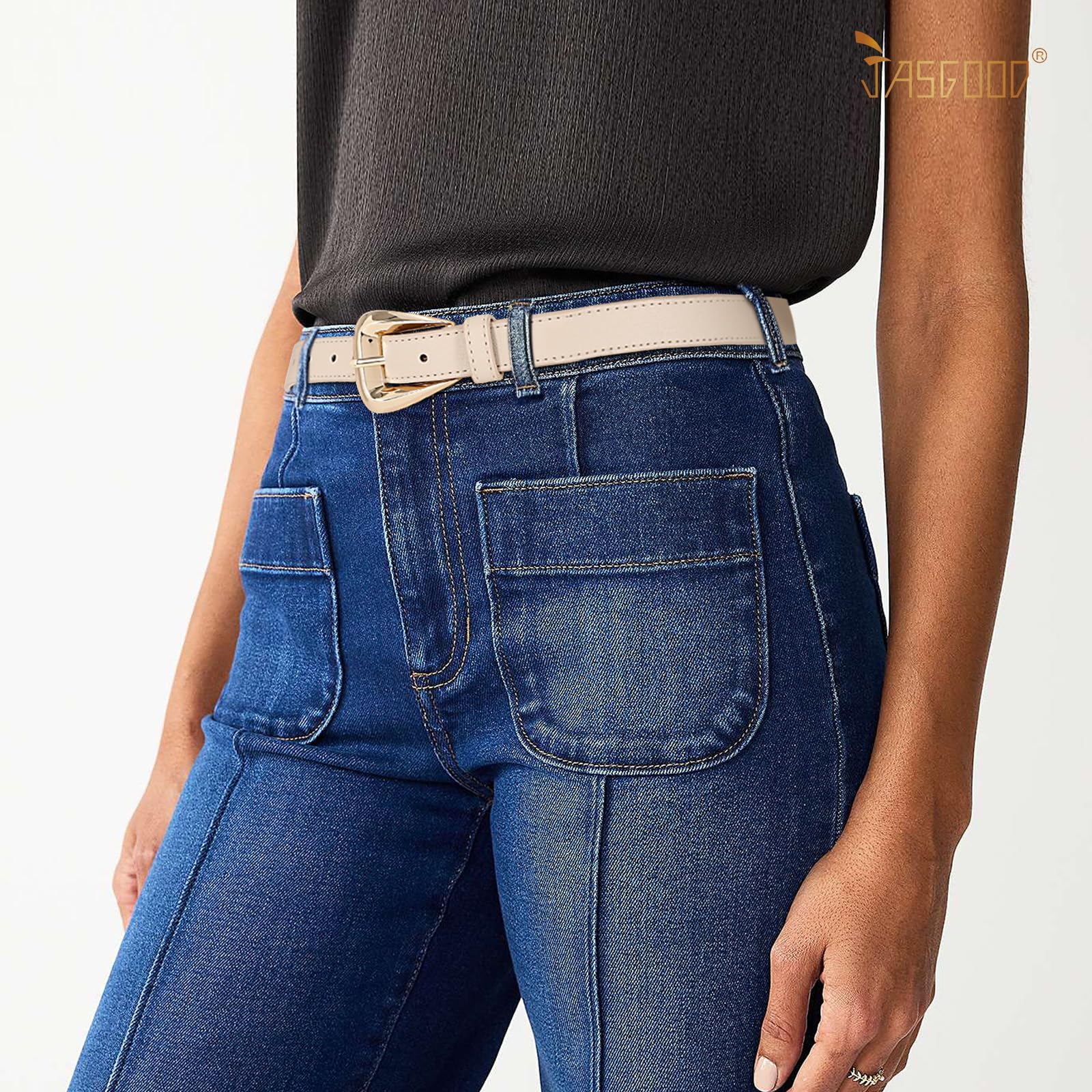 JASGOOD Women Leather Belts for Jeans Pants Soft Leather Waist Belt for Ladies Vintage Belt with Gold Buckle 0.9" Width