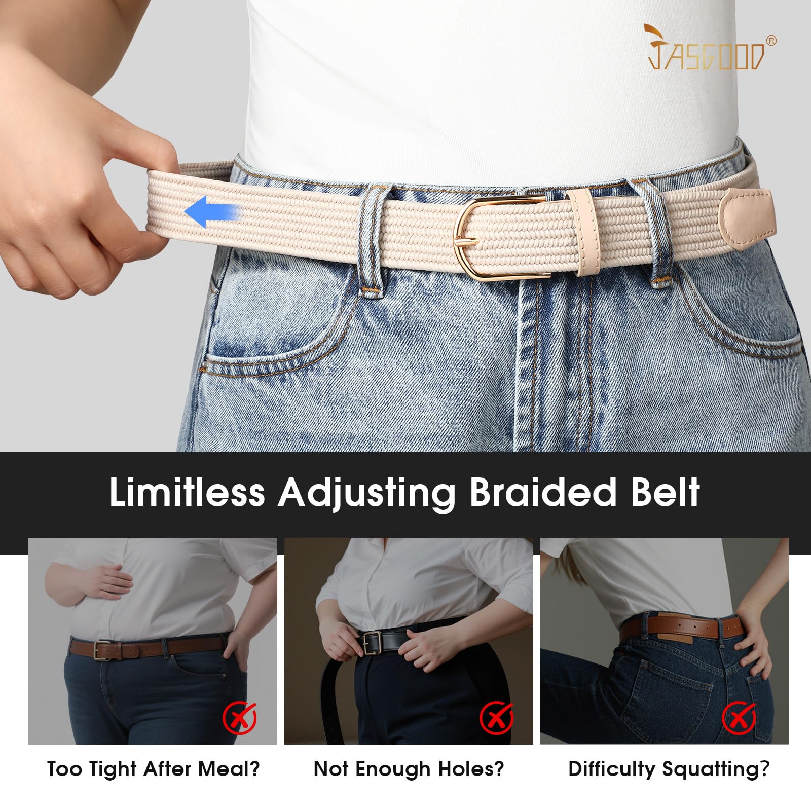 JASGOOD Elastic Braided Stretch Belt Women Golf Casual Fabric Woven Belt 1 3/8" Adjustable Work