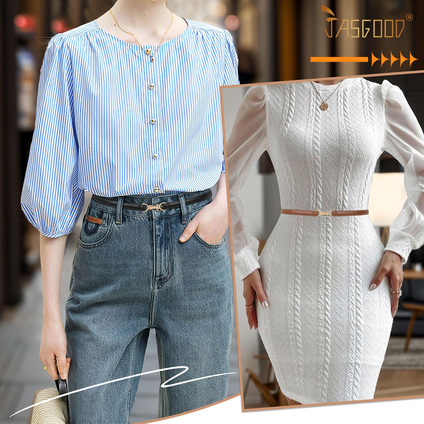 JASGOOD 2 Pack Women Skinny Faux Leather Belts Thin Waist Belts With Adjustable Gold Buckle for Dresses Jeans