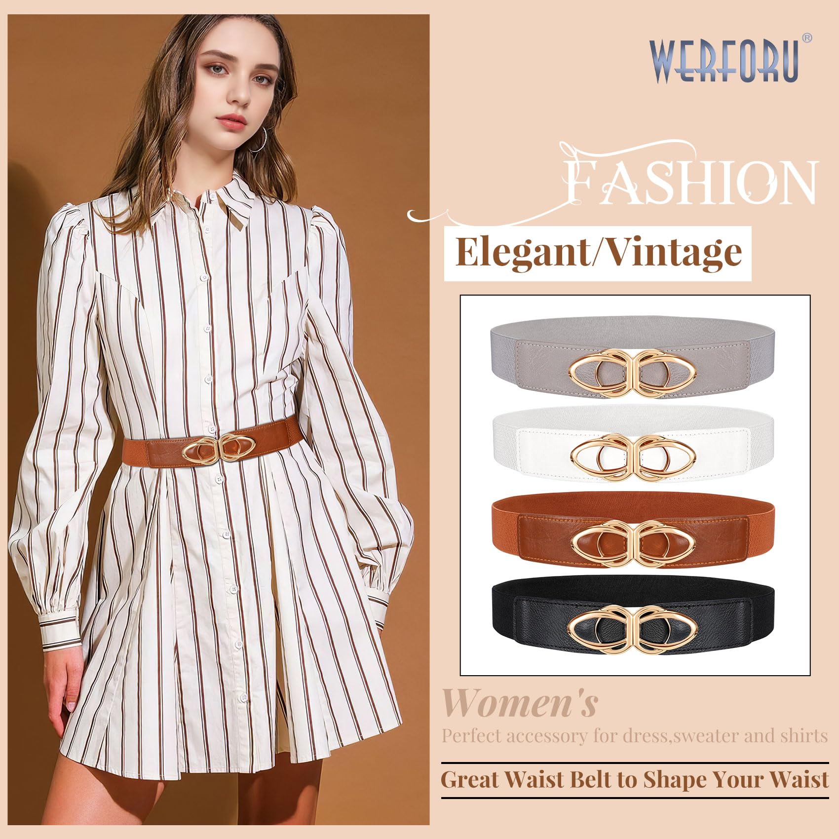 WERFORU Women Thin Elastic Belts,Skinny Stretch Vintage Fashion Waistband for Dress with Gold Buckle 4 Pack