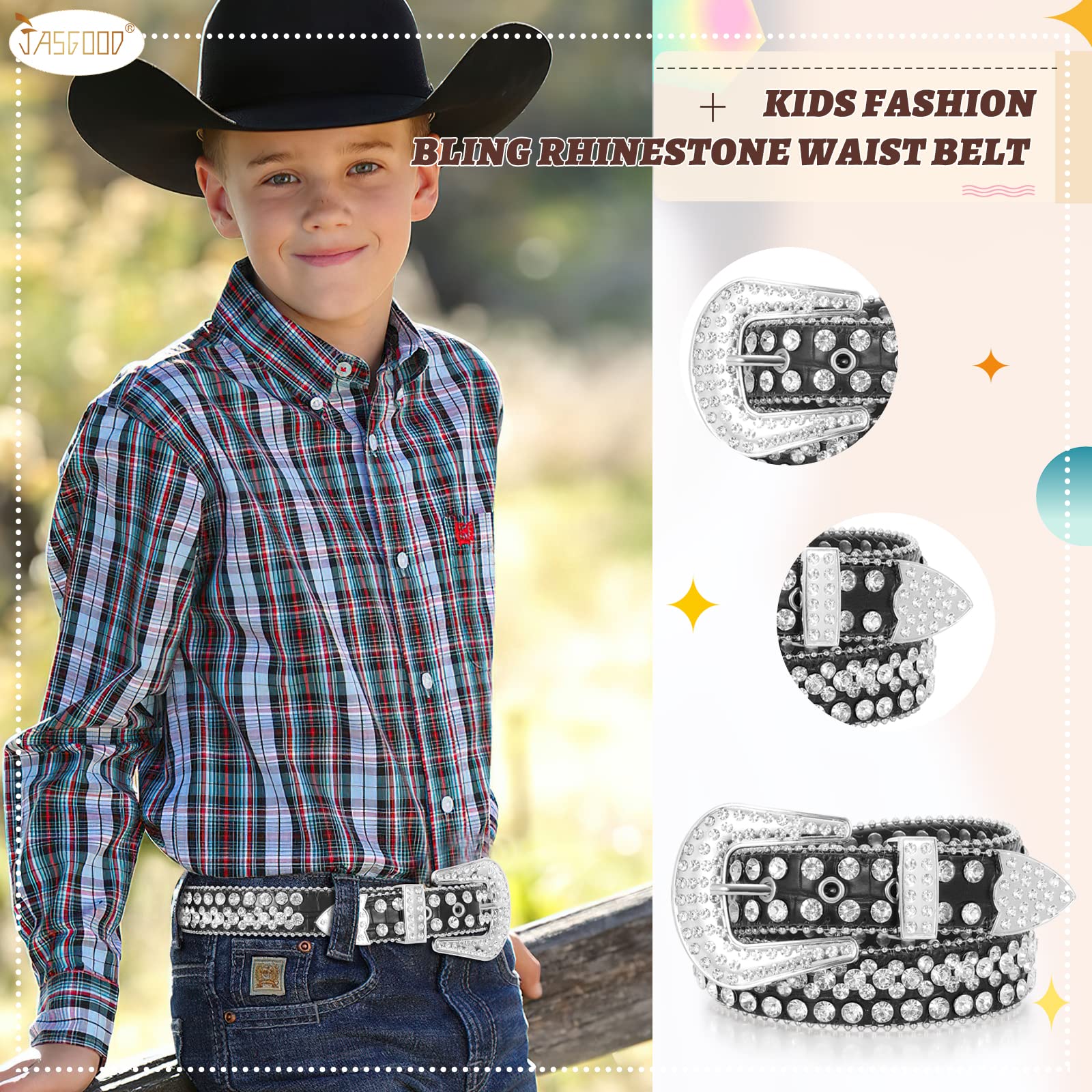 JASGOOD Kids Rhinestone Belt for Girls and Boys,Western Cowgirl Cowboy Bling Studded Leather Belt for Jeans Dress