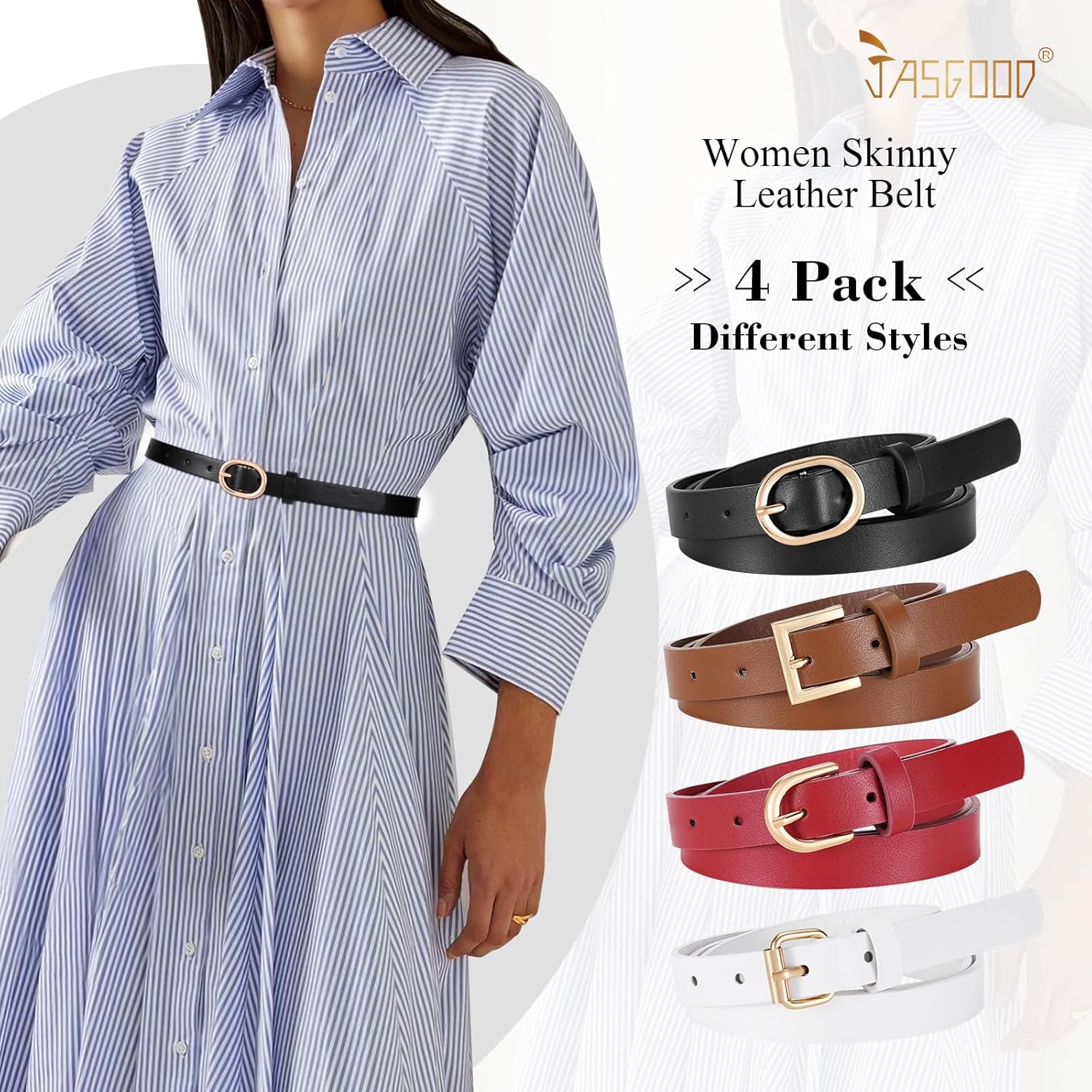 JASGOOD 4 Pack Women Skinny Leather Belt for Dresses with Gold Buckle Ladies Thin Waist Belt for Jeans Pants，Red+Brown+White+Black