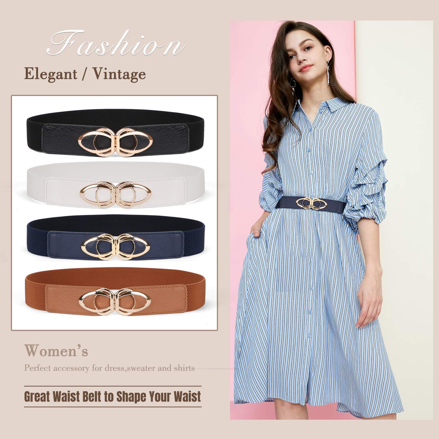WERFORU Women Thin Elastic Belts,Skinny Stretch Vintage Fashion Waistband for Dress with Gold Buckle 4 Pack