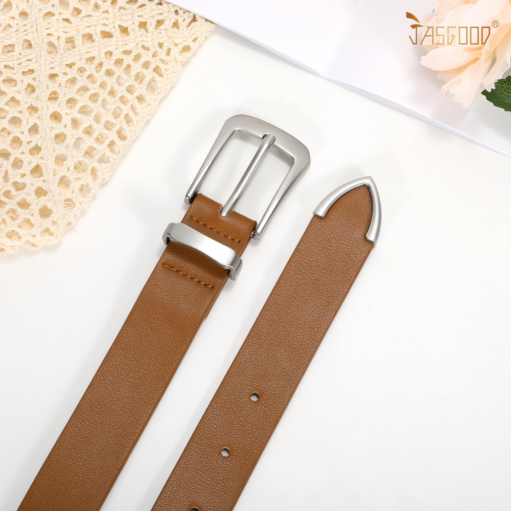 JASGOOD Women Leather Belt for Jeans Pants Ladies Waist Belt for Dress with Silver Buckle