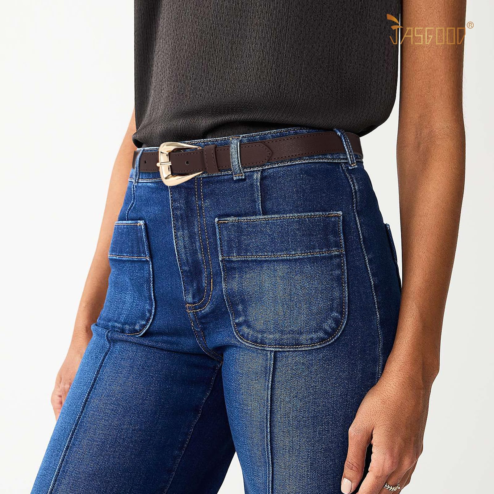 JASGOOD Women Leather Belts for Jeans Pants Soft Leather Waist Belt for Ladies Vintage Belt with Gold Buckle 0.9" Width
