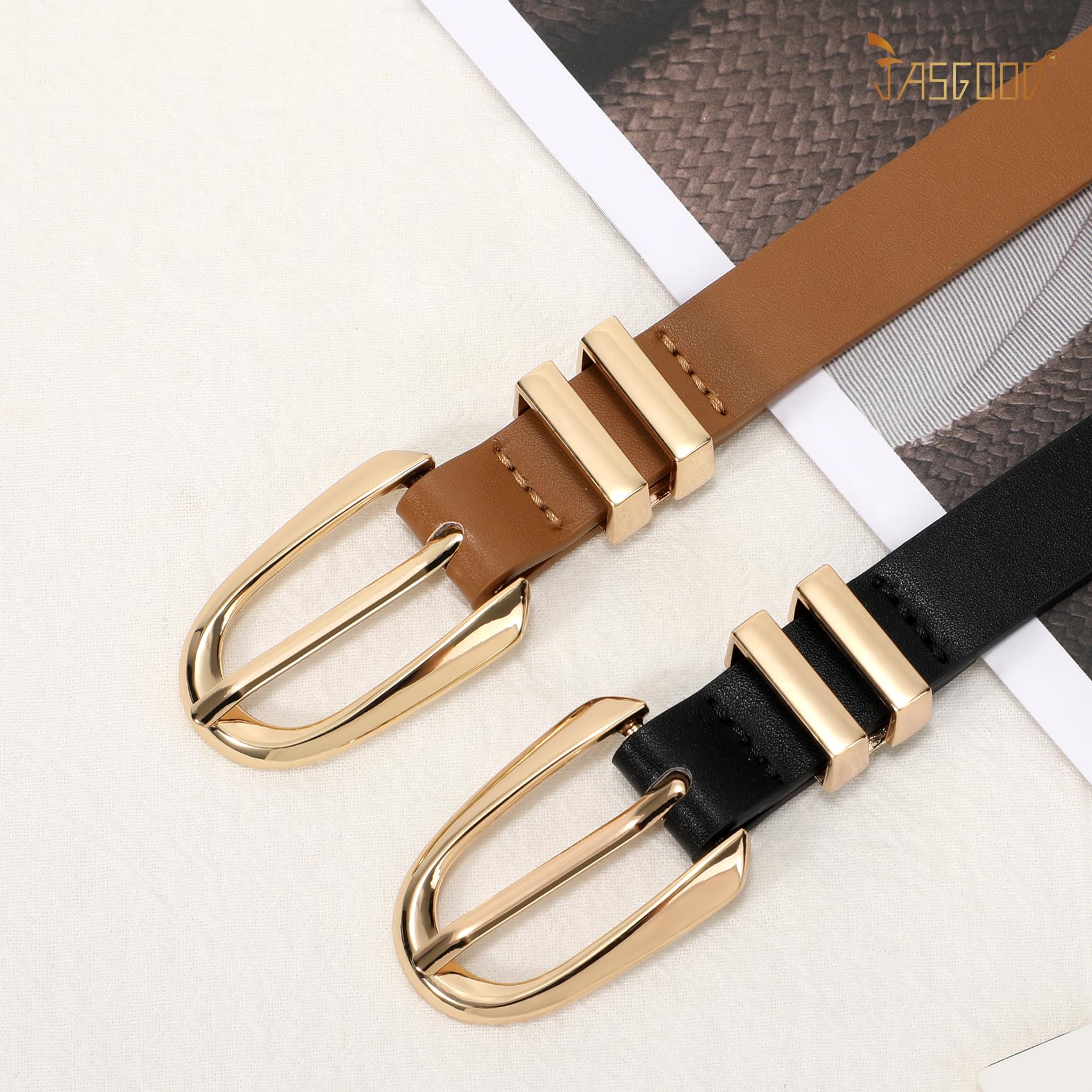 JASGOOD 2 Pack Women Skinny PU Leather Belt Ladies Thin Leather Plus Size Waist Belt for Jeans Dress with Gold Buckle